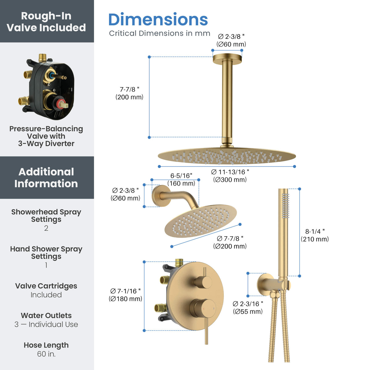 Circular 3-Function Pressure Balanced Complete Shower Faucet Set with Wall Mount, Ceiling Mount, and Handheld Shower Heads - KSF4021