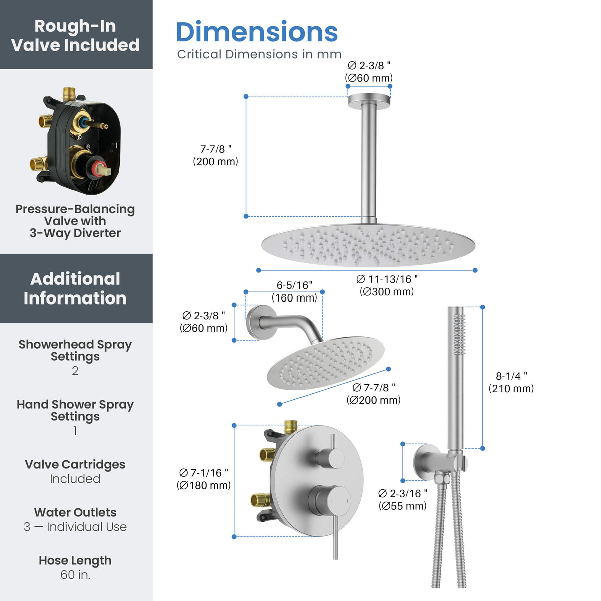 Circular 3-Function Pressure Balanced Complete Shower Faucet Set with Wall Mount, Ceiling Mount, and Handheld Shower Heads - KSF4021