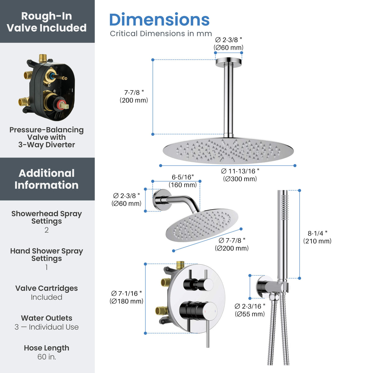 Circular 3-Function Pressure Balanced Complete Shower Faucet Set with Wall Mount, Ceiling Mount, and Handheld Shower Heads - KSF4021