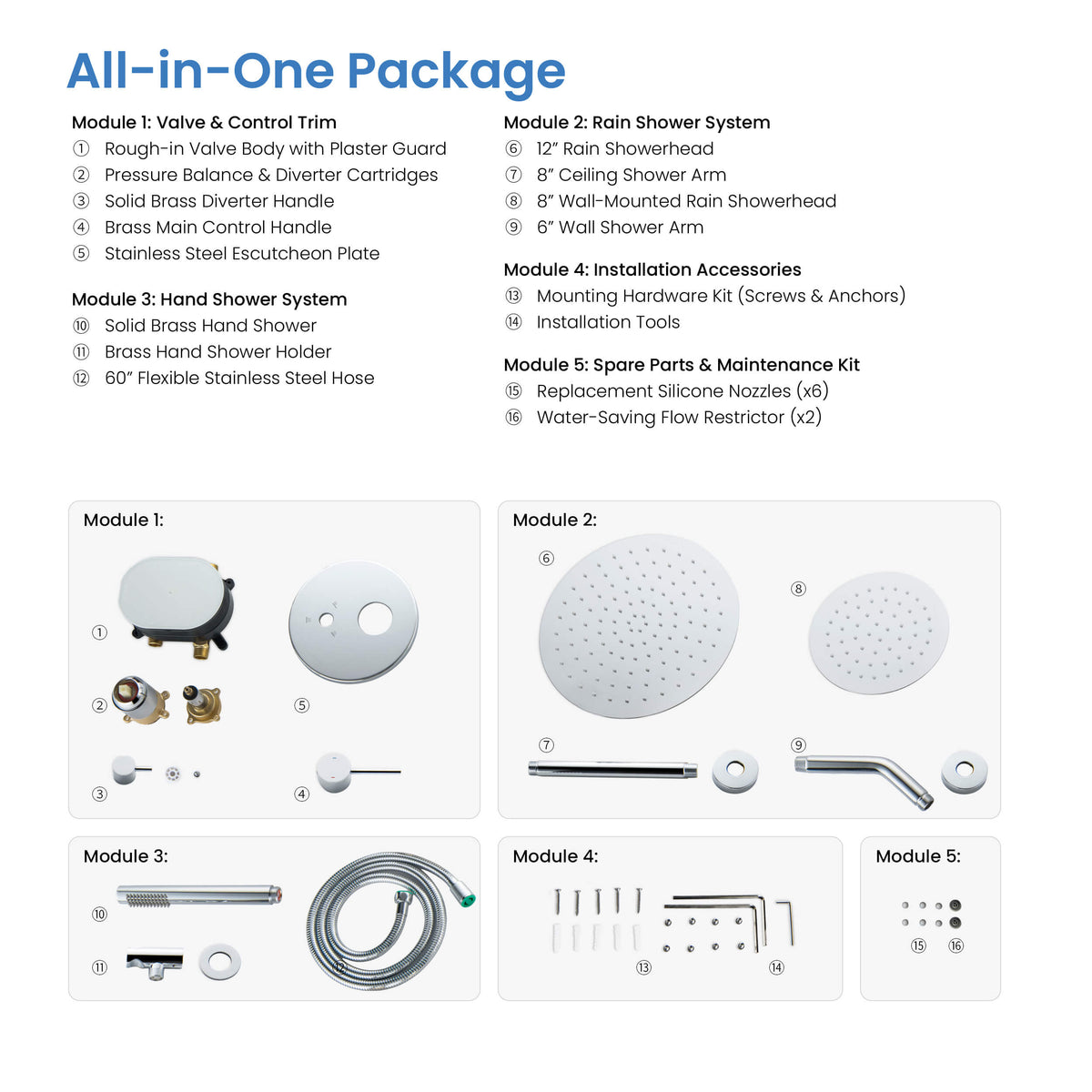 Circular 3-Function Pressure Balanced Complete Shower Faucet Set with Wall Mount, Ceiling Mount, and Handheld Shower Heads - KSF4021