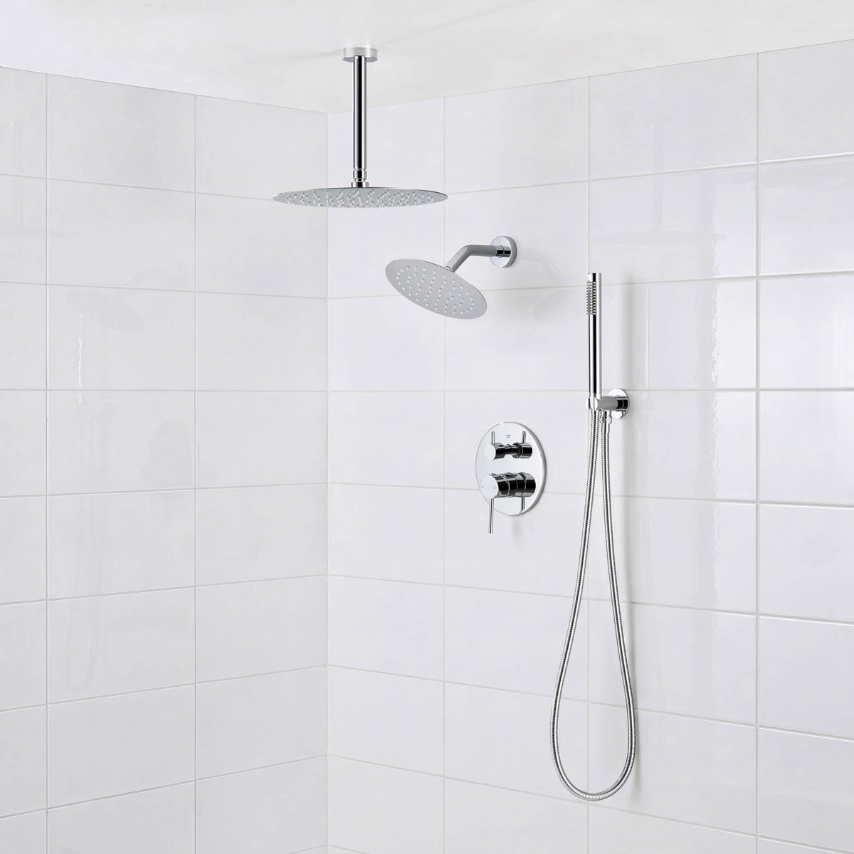 Circular 3-Function Pressure Balanced Complete Shower Faucet Set with Wall Mount, Ceiling Mount, and Handheld Shower Heads - KSF4021
