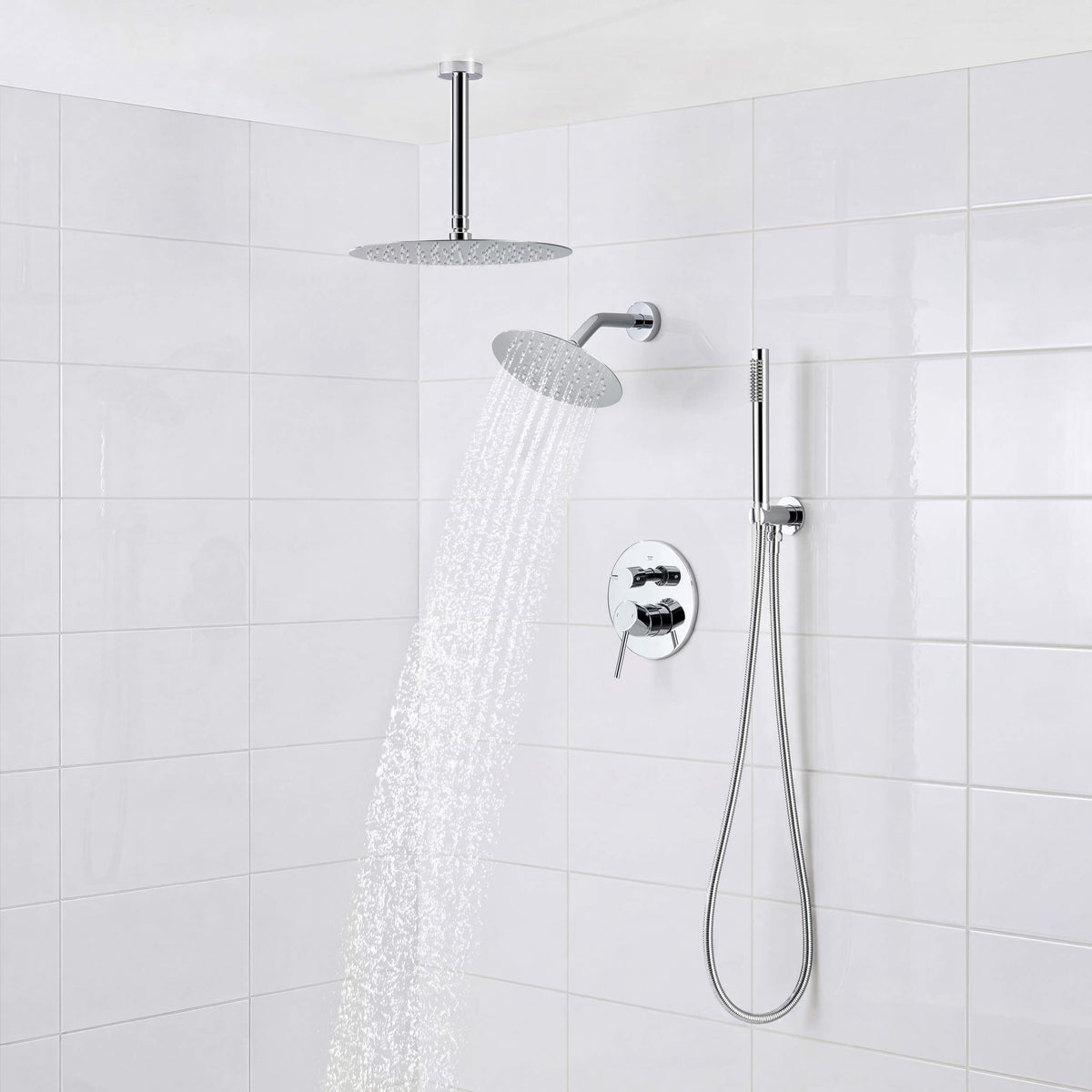 Circular 3-Function Pressure Balanced Complete Shower Faucet Set with Wall Mount, Ceiling Mount, and Handheld Shower Heads - KSF4021