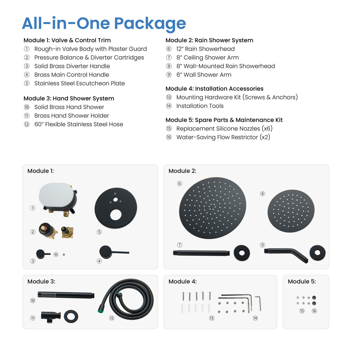 Circular 3-Function Pressure Balanced Complete Shower Faucet Set with Wall Mount, Ceiling Mount, and Handheld Shower Heads - KSF4021