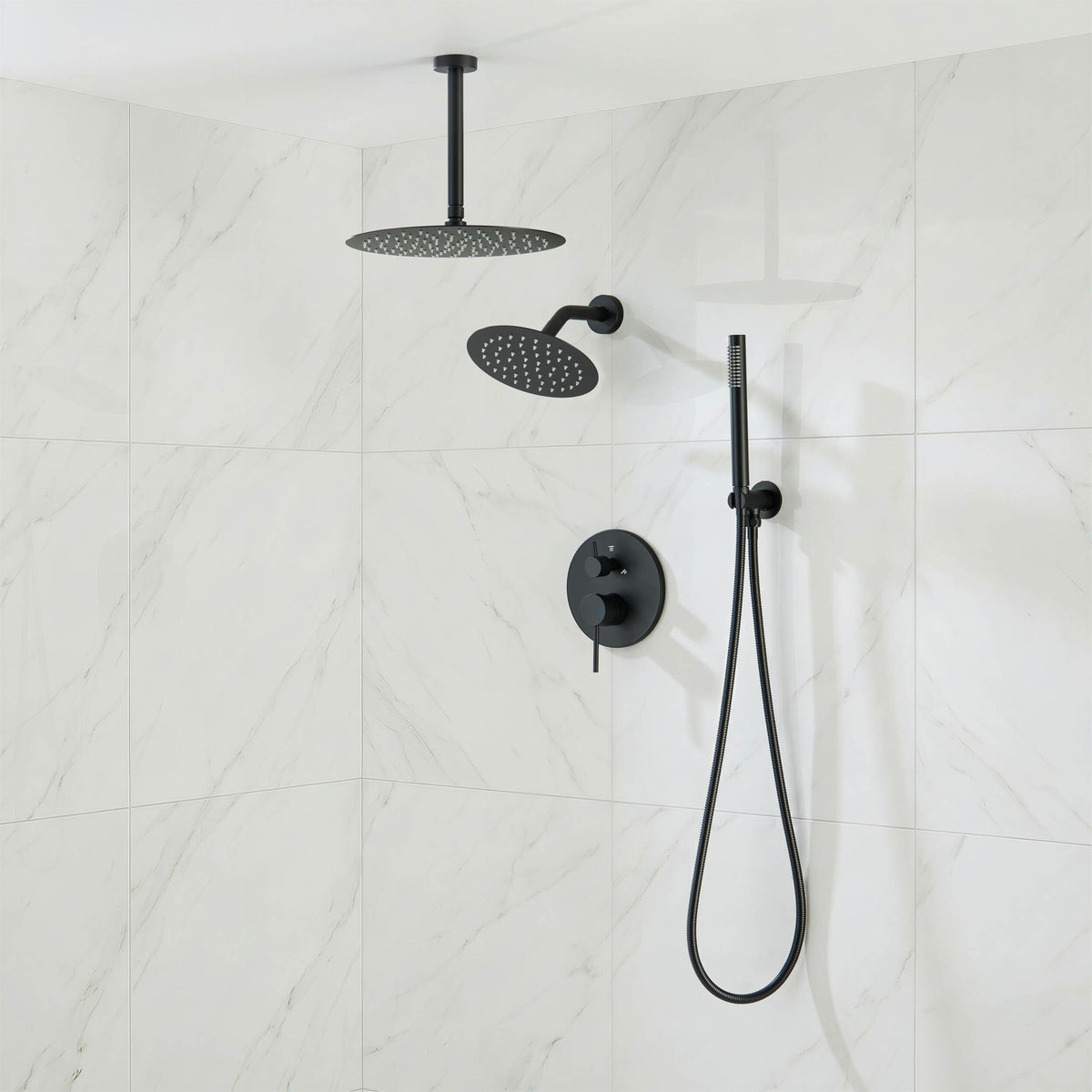 Circular 3-Function Pressure Balanced Complete Shower Faucet Set with Wall Mount, Ceiling Mount, and Handheld Shower Heads - KSF4021