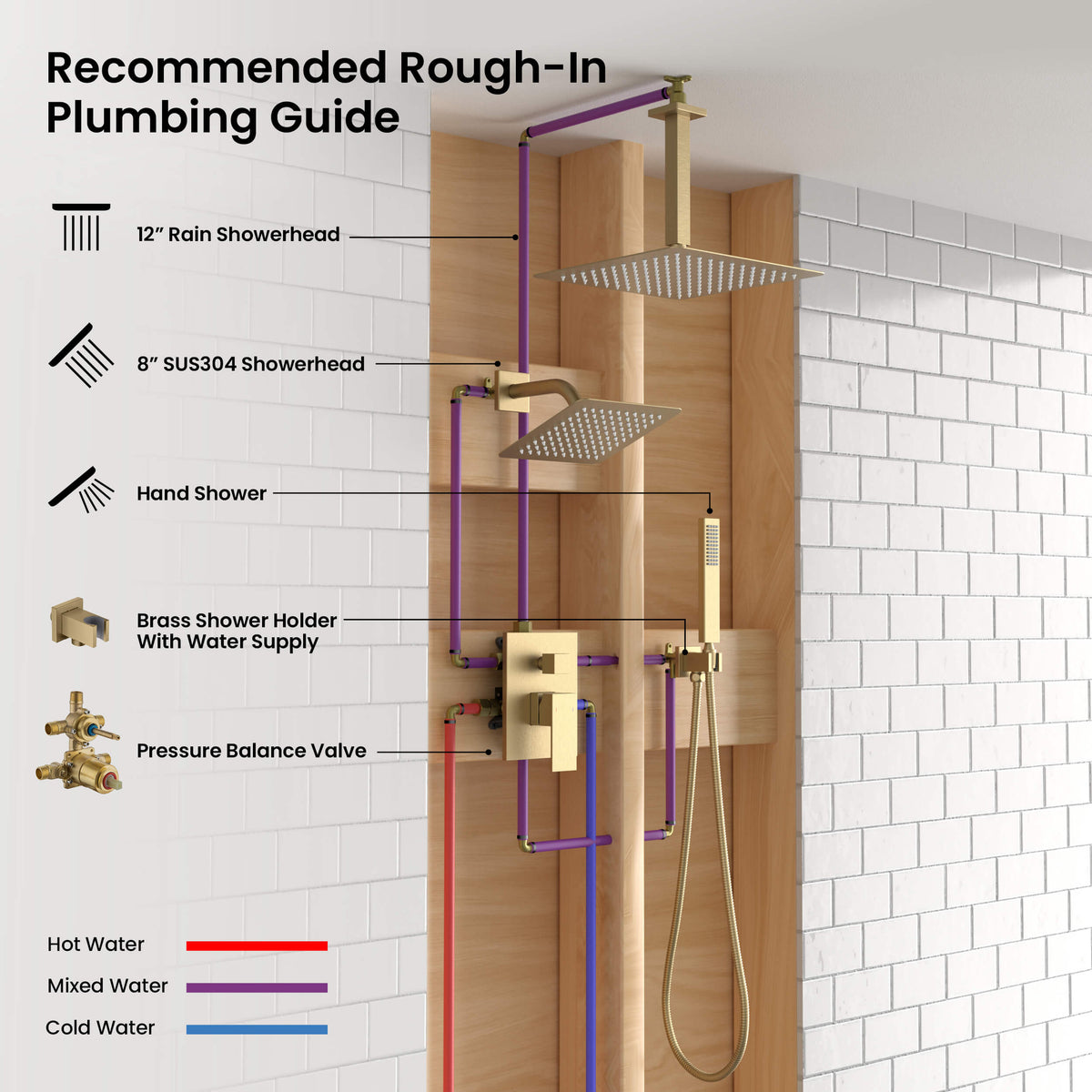 Cube 3-Function Pressure Balanced Complete Shower Faucet Set with Wall Mount, Ceiling Mount, and Handheld Shower Heads - KSF4022