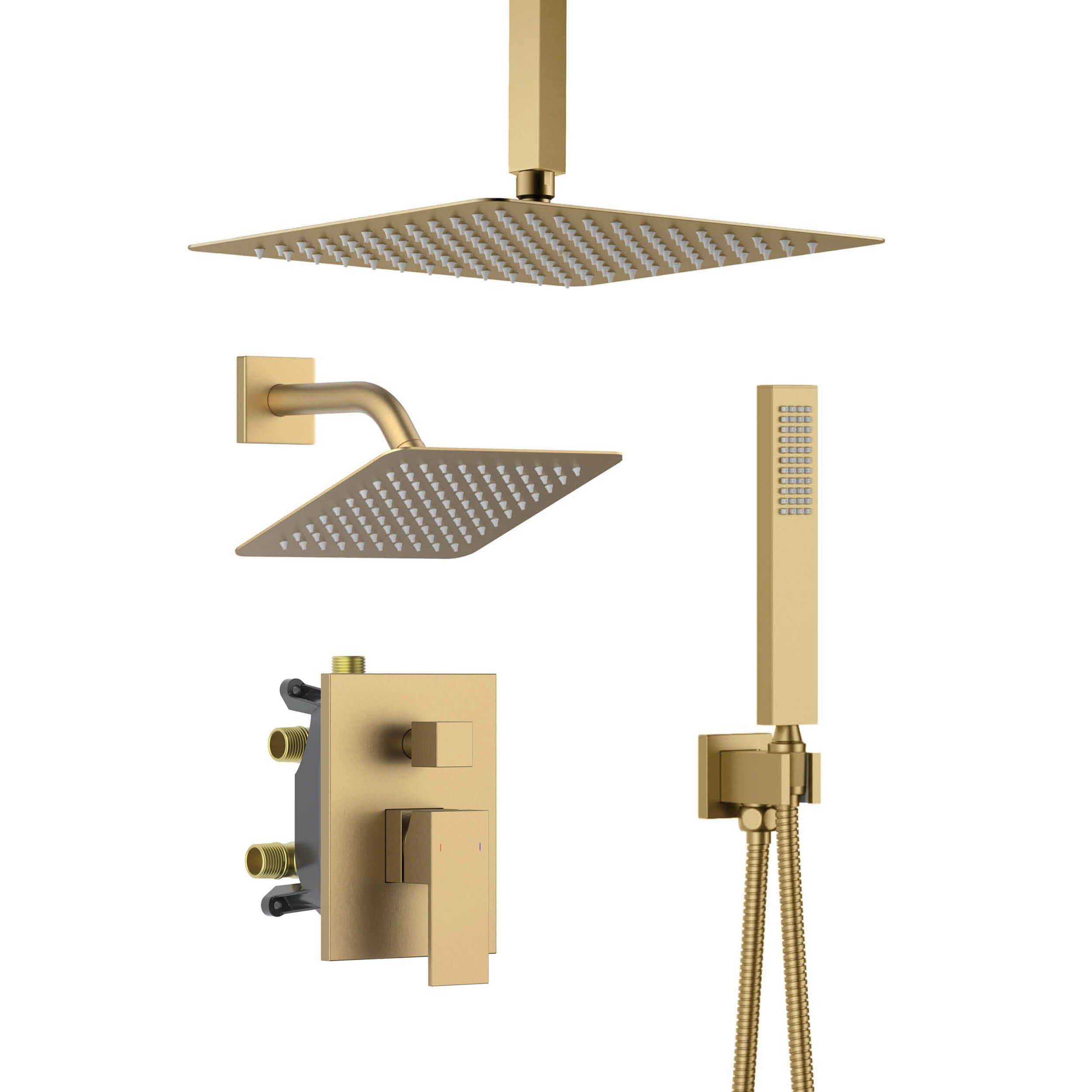 Cube 3-Function Pressure Balanced Complete Shower Faucet Set with Wall Mount, Ceiling Mount, and Handheld Shower Heads - KSF4022