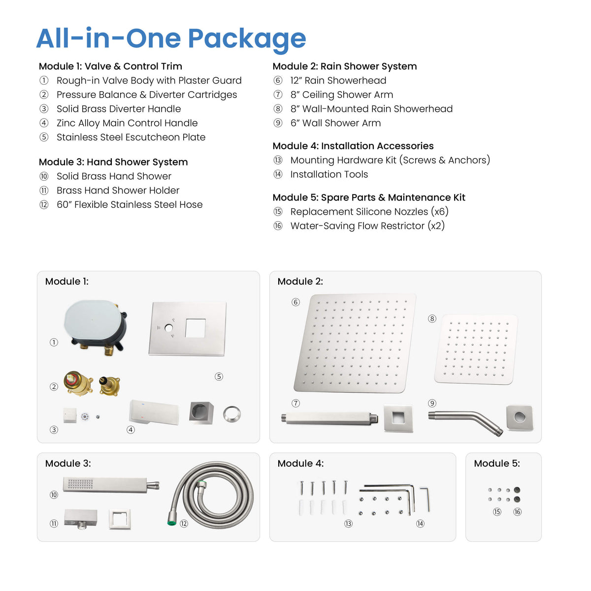 Cube 3-Function Pressure Balanced Complete Shower Faucet Set with Wall Mount, Ceiling Mount, and Handheld Shower Heads - KSF4022