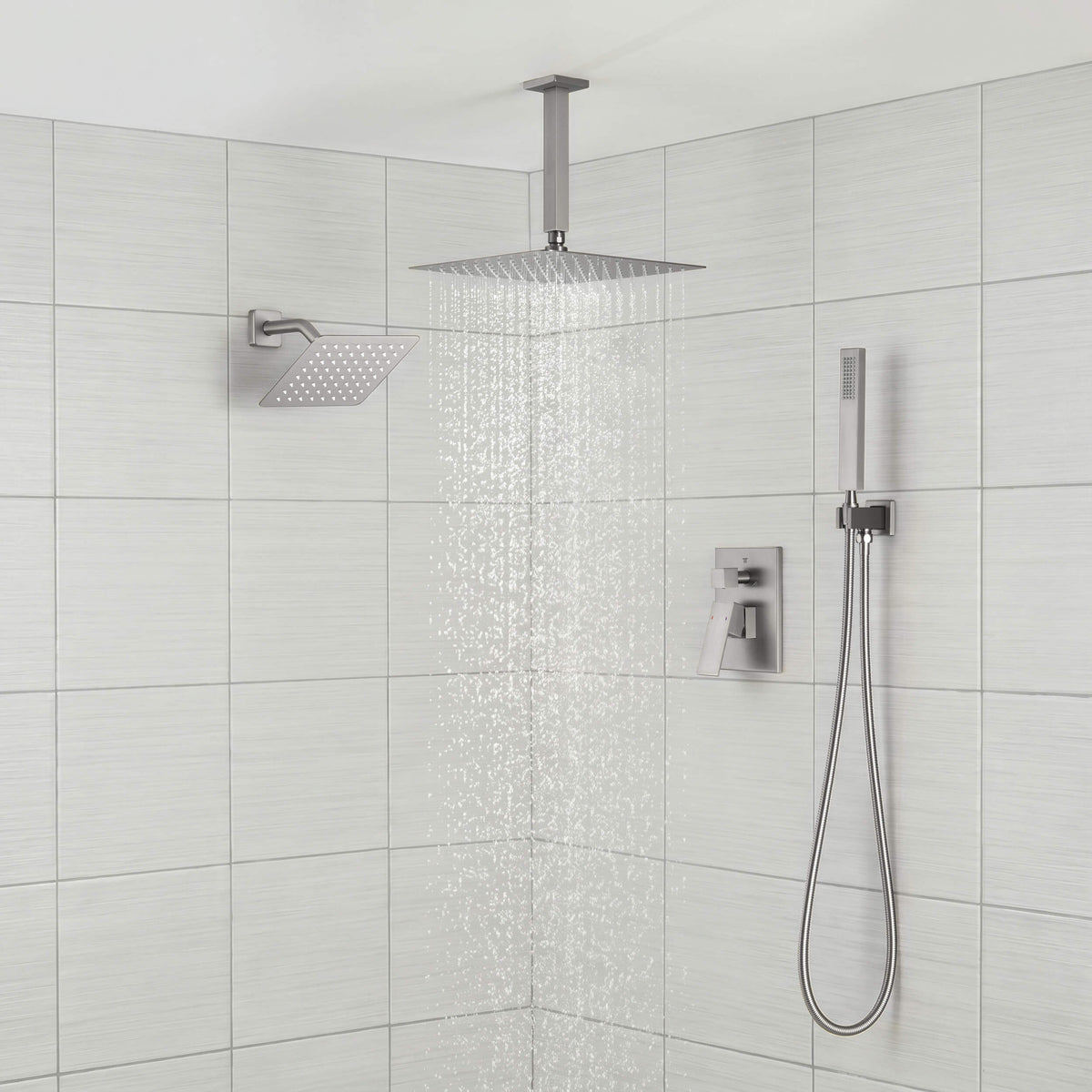 Cube 3-Function Pressure Balanced Complete Shower Faucet Set with Wall Mount, Ceiling Mount, and Handheld Shower Heads - KSF4022