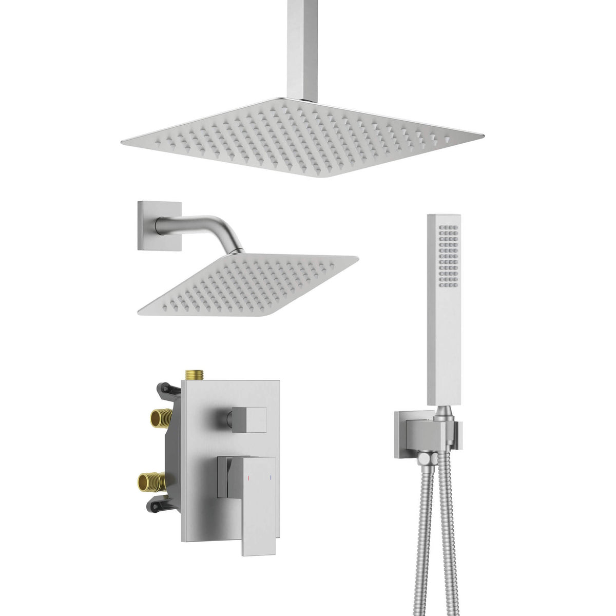 Cube 3-Function Pressure Balanced Complete Shower Faucet Set with Wall Mount, Ceiling Mount, and Handheld Shower Heads - KSF4022
