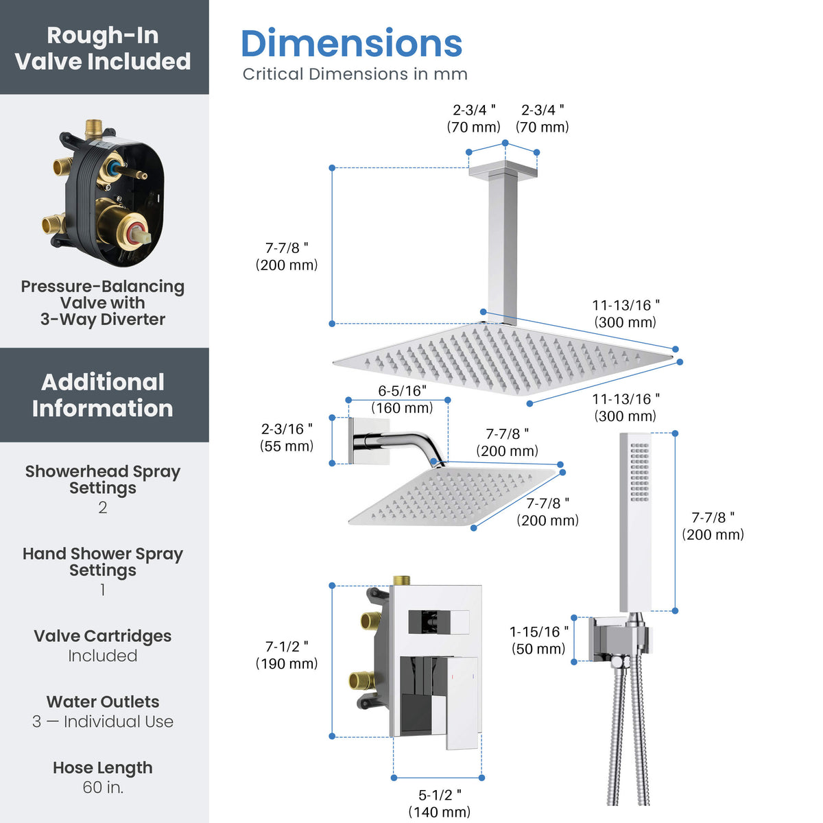 Cube 3-Function Pressure Balanced Complete Shower Faucet Set with Wall Mount, Ceiling Mount, and Handheld Shower Heads - KSF4022