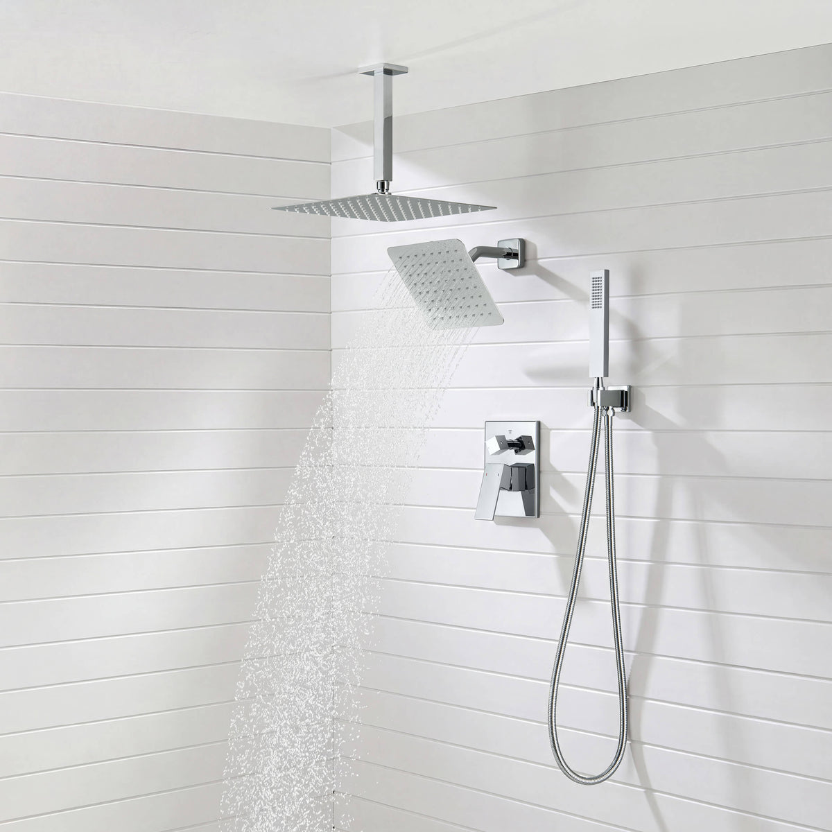 Cube 3-Function Pressure Balanced Complete Shower Faucet Set with Wall Mount, Ceiling Mount, and Handheld Shower Heads - KSF4022
