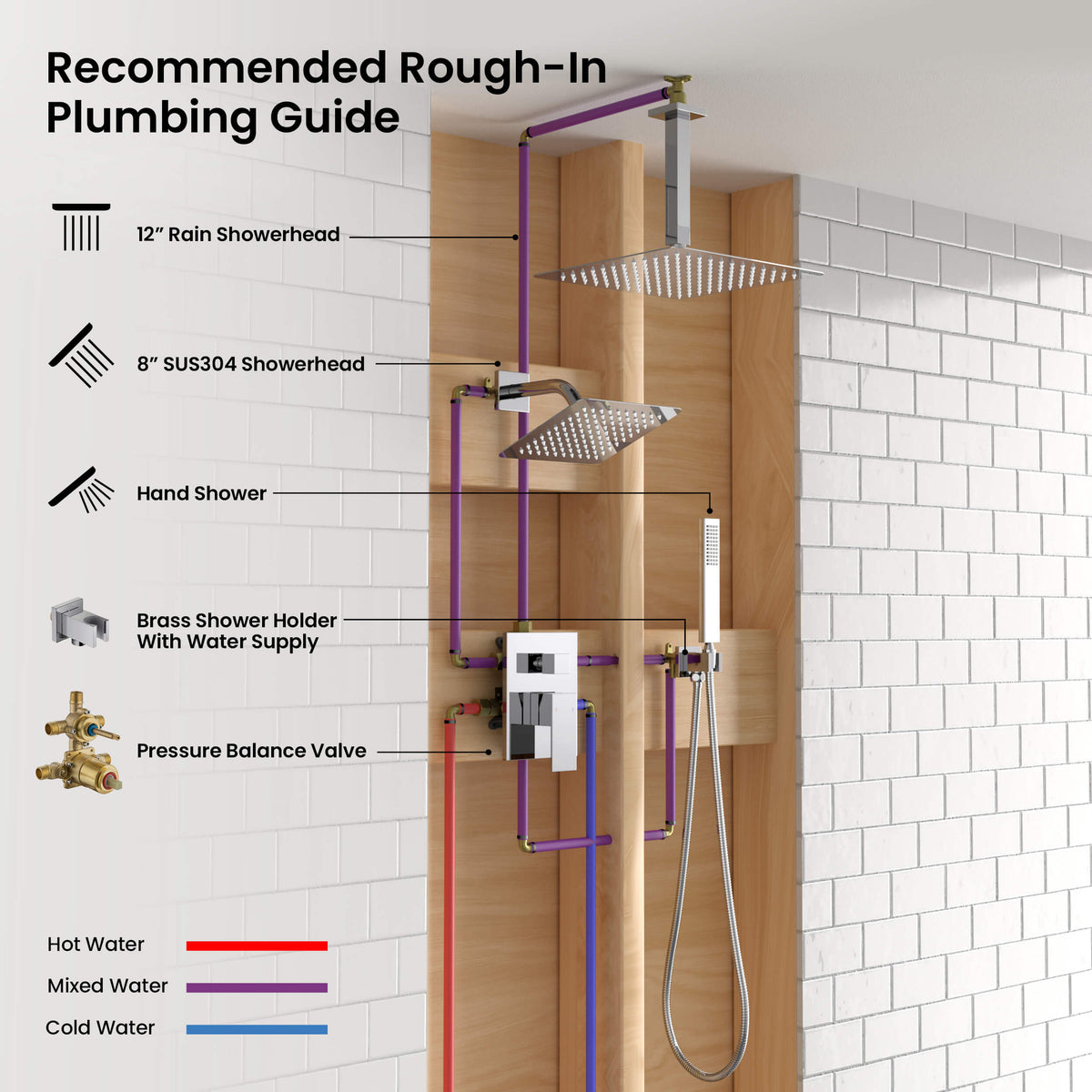 Cube 3-Function Pressure Balanced Complete Shower Faucet Set with Wall Mount, Ceiling Mount, and Handheld Shower Heads - KSF4022