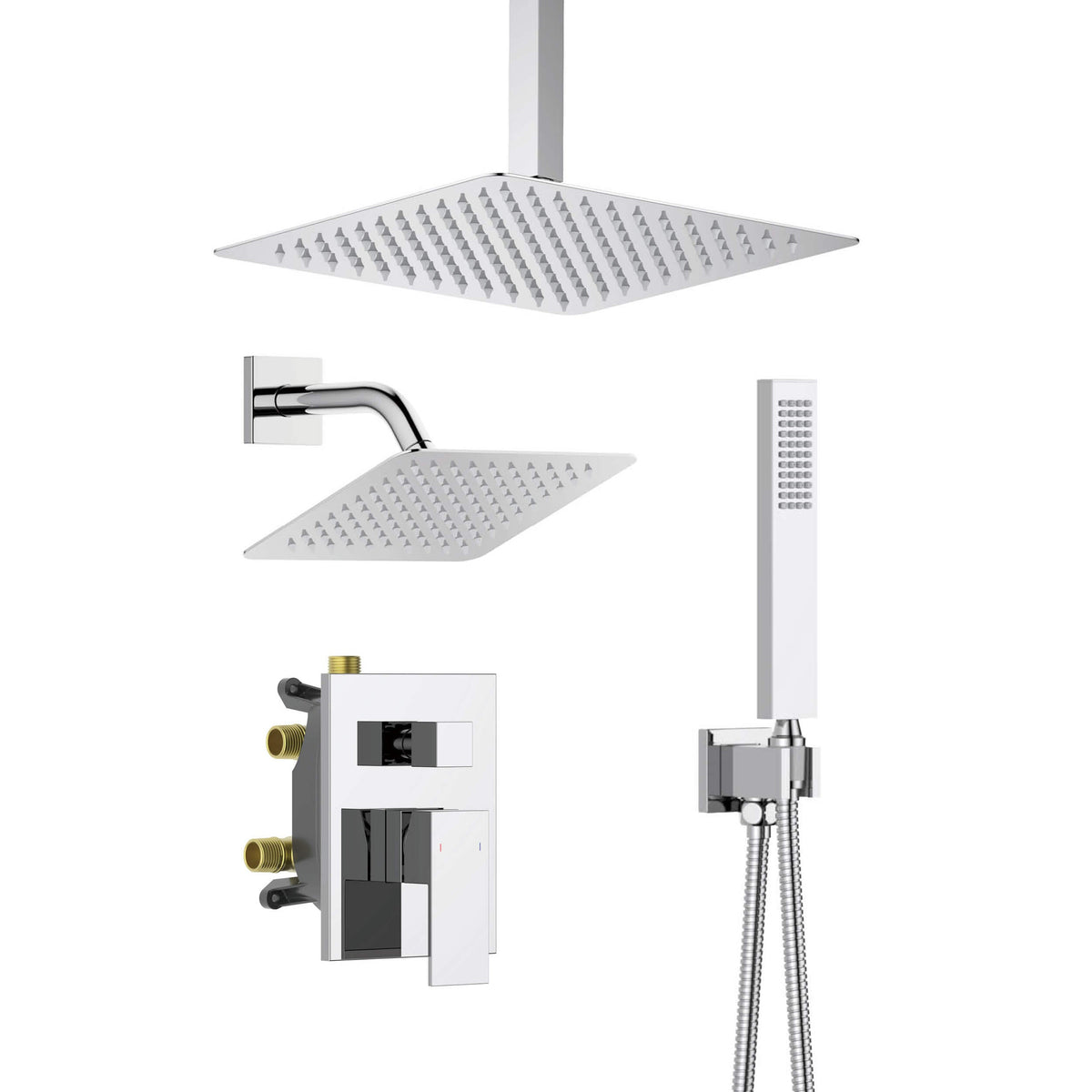 Cube 3-Function Pressure Balanced Complete Shower Faucet Set with Wall Mount, Ceiling Mount, and Handheld Shower Heads - KSF4022