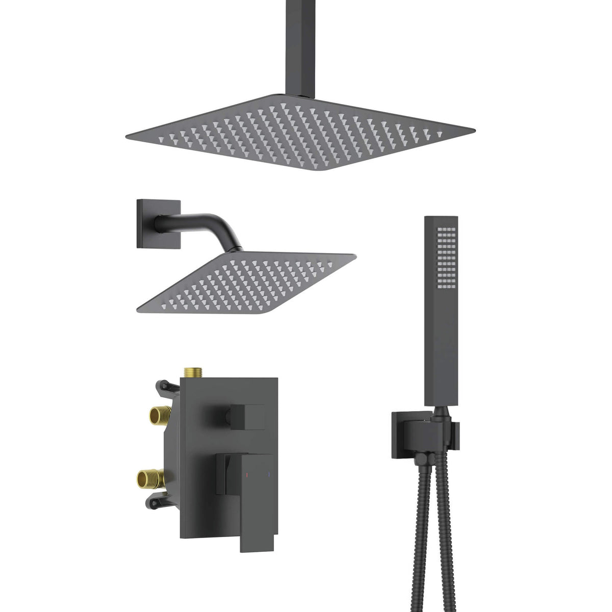 Cube 3-Function Pressure Balanced Complete Shower Faucet Set with Wall Mount, Ceiling Mount, and Handheld Shower Heads - KSF4022