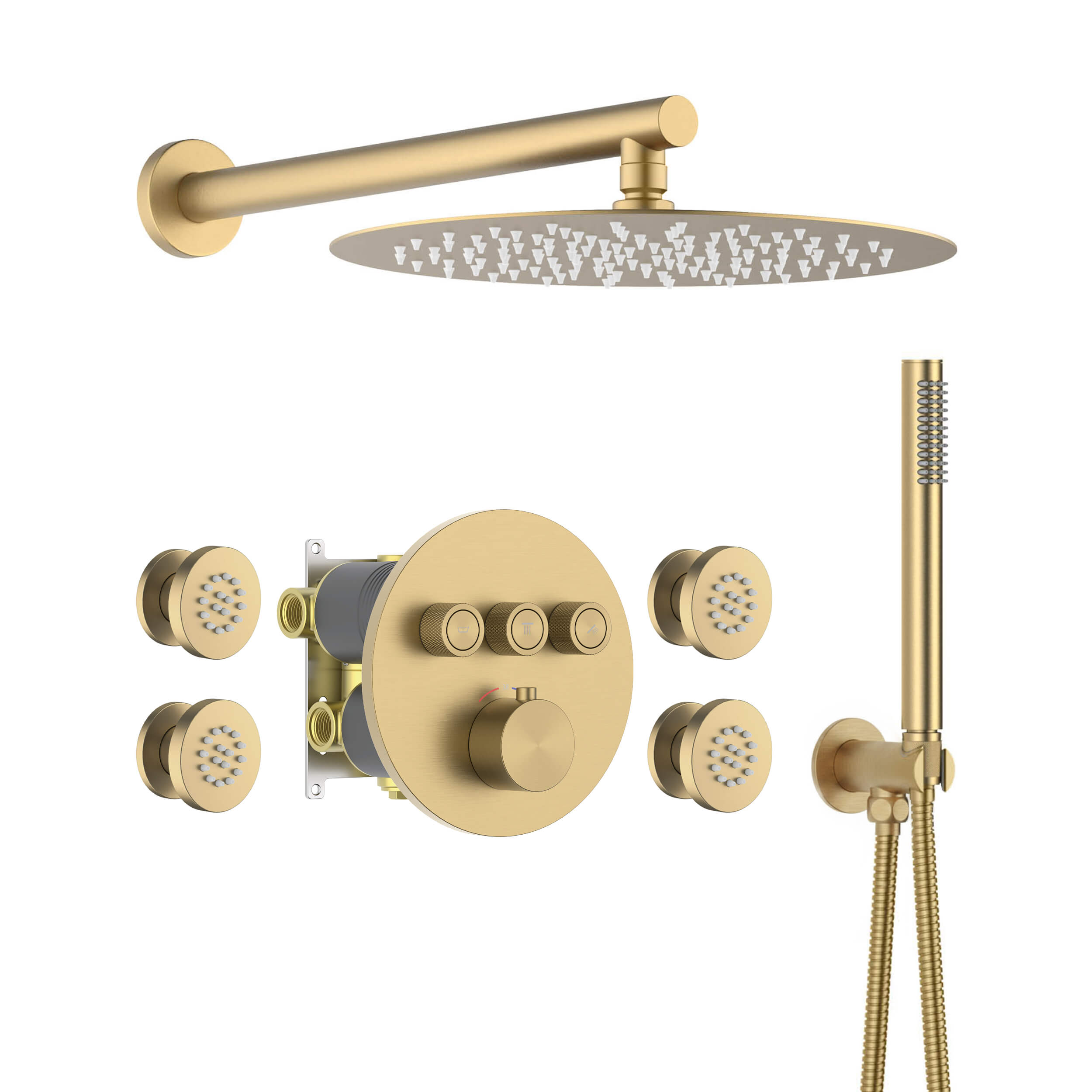 Circular 3-Function Thermostatic Complete Shower Faucet Set with Wall-Mount Rainshower, Handheld Shower, and Body Jets - KSF4025
