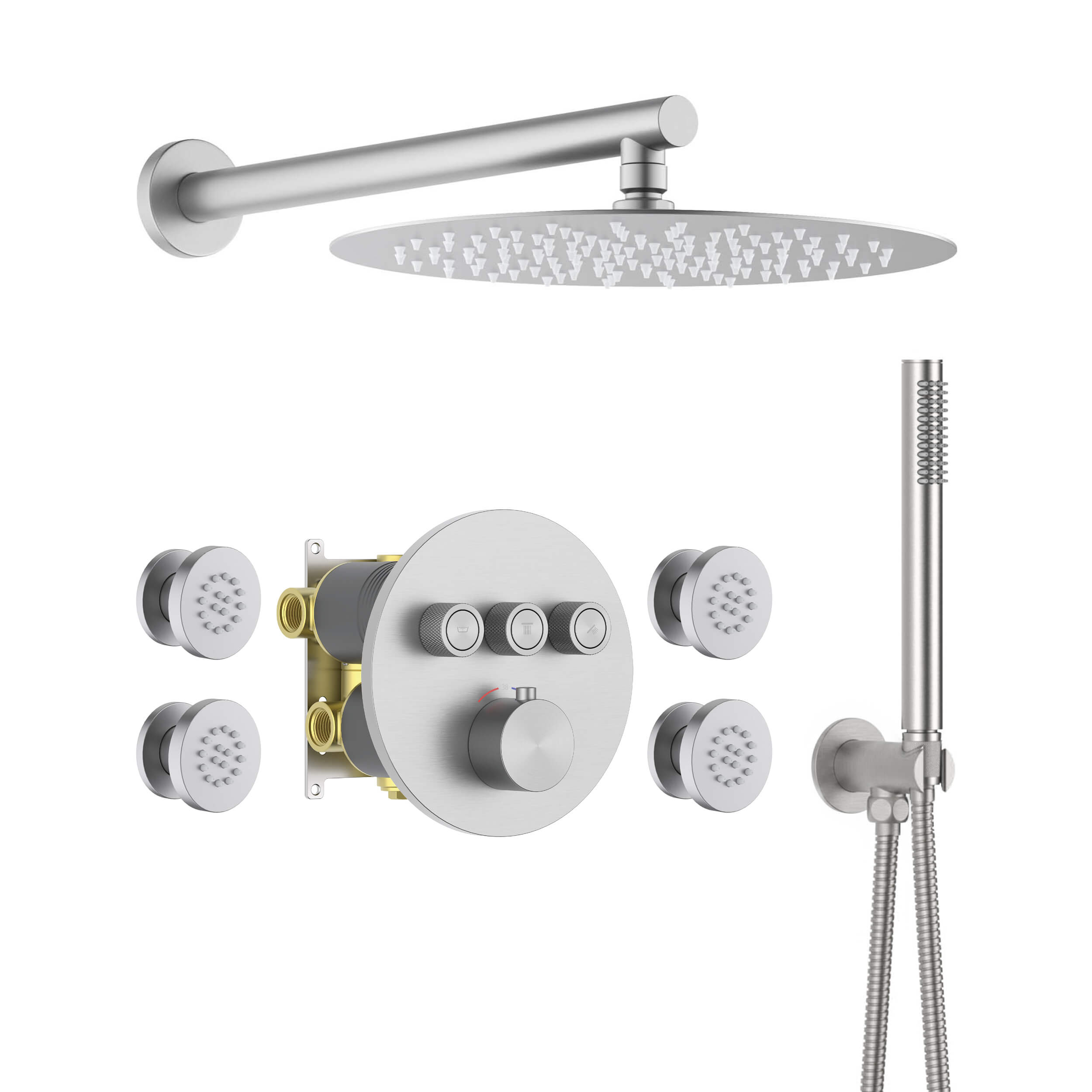 Circular 3-Function Thermostatic Complete Shower Faucet Set with Wall-Mount Rainshower, Handheld Shower, and Body Jets - KSF4025