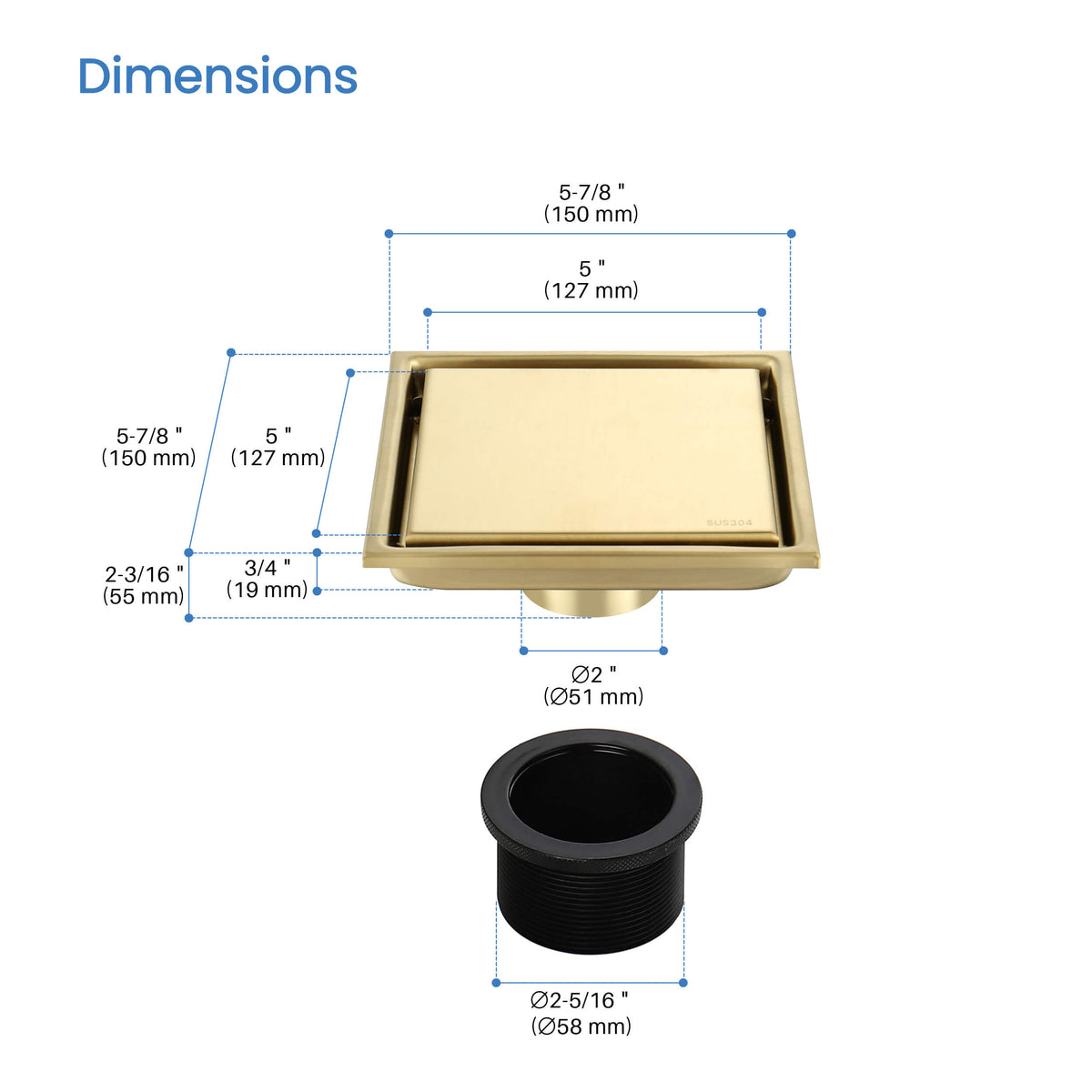 6 inch Square Reversible Tile-In Shower Drain - KFD0601