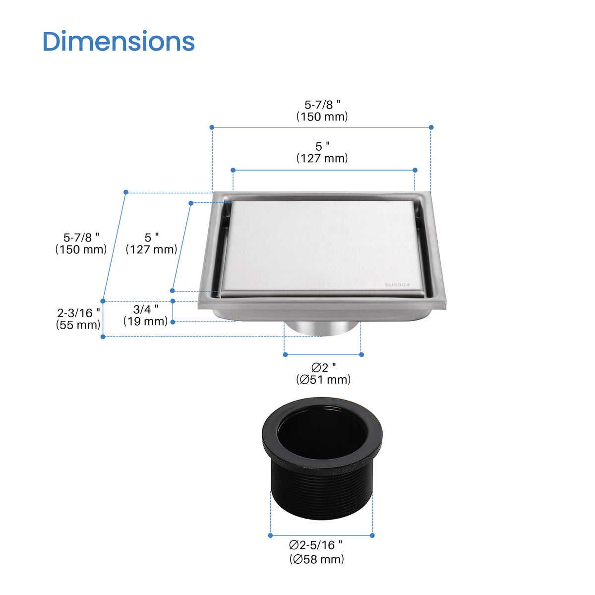 6 inch Square Reversible Tile-In Shower Drain - KFD0601