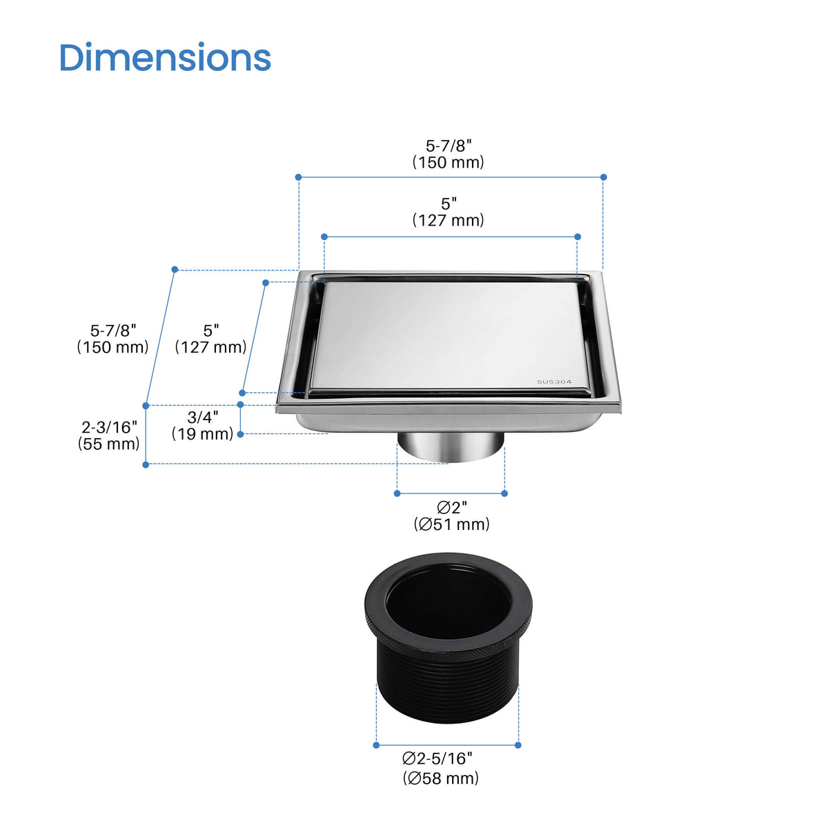 6 inch Square Reversible Tile-In Shower Drain - KFD0601