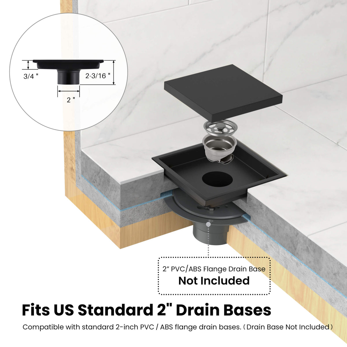 6 inch Square Reversible Tile-In Shower Drain - KFD0601