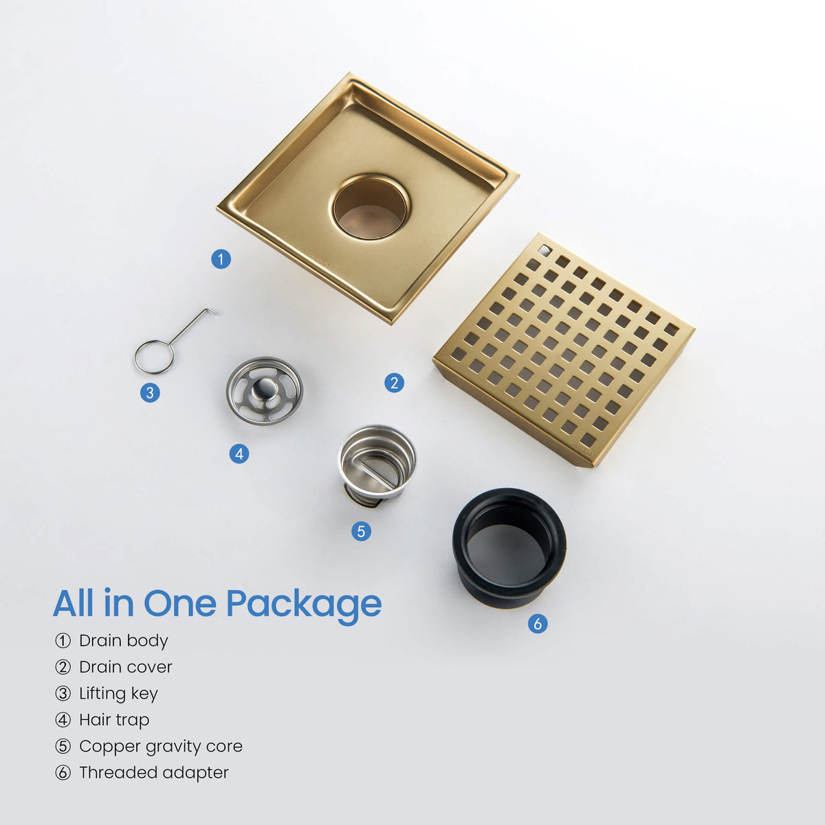 6 inch Square Shower Drain with Square Grid Grate - KFD0602