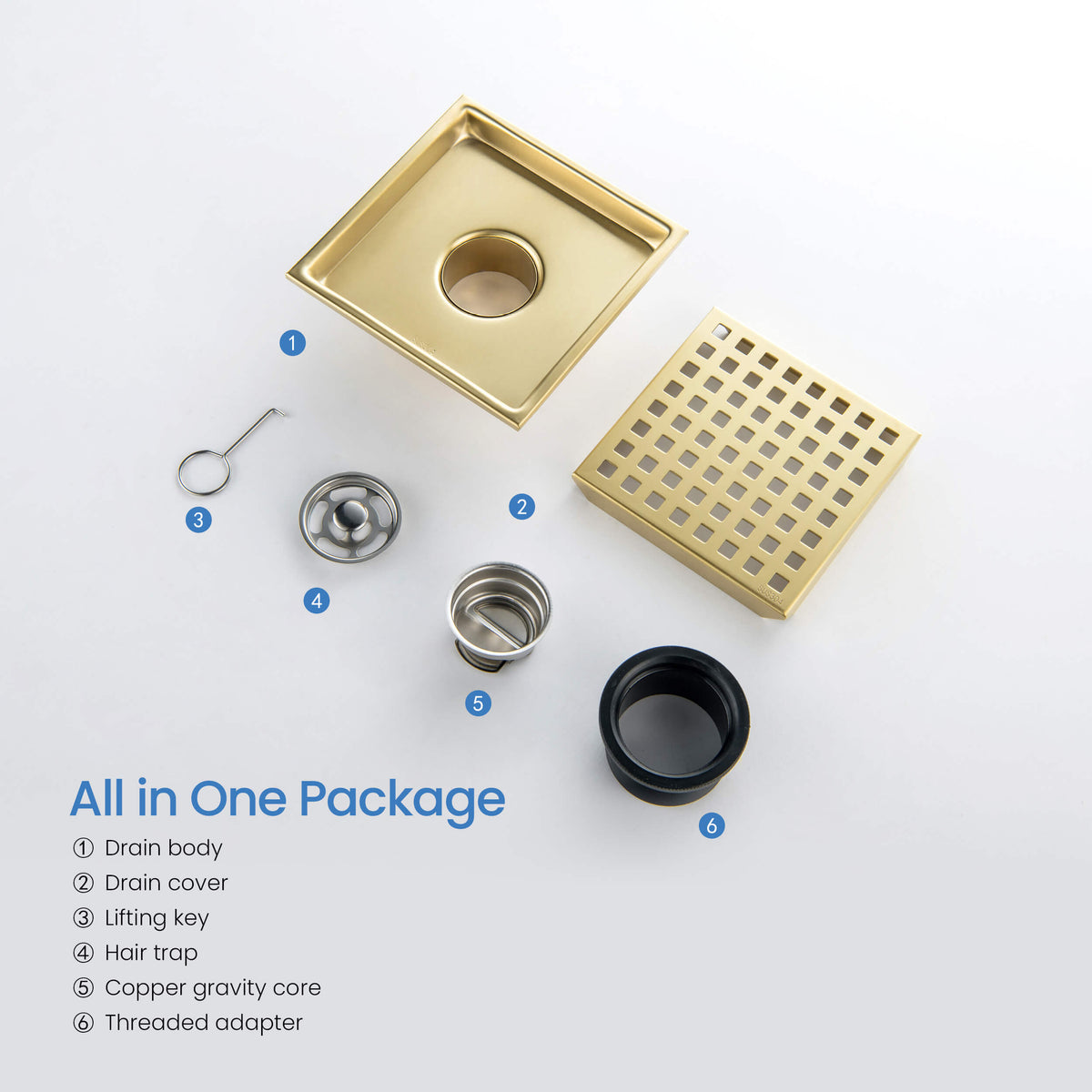 6 inch Square Shower Drain with Square Grid Grate - KFD0602