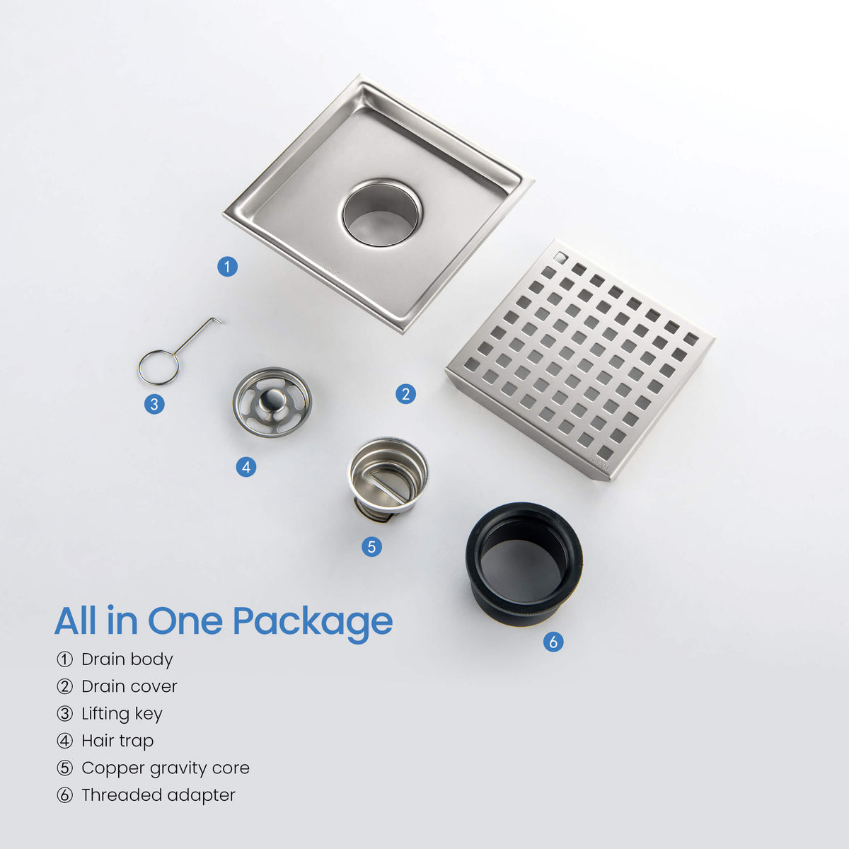 6 inch Square Shower Drain with Square Grid Grate - KFD0602