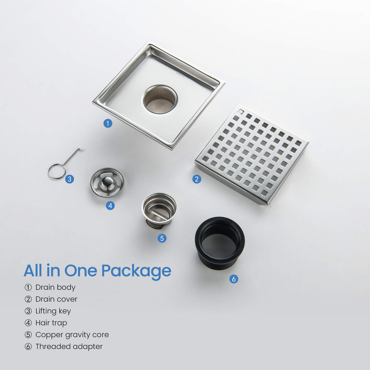 6 inch Square Shower Drain with Square Grid Grate - KFD0602