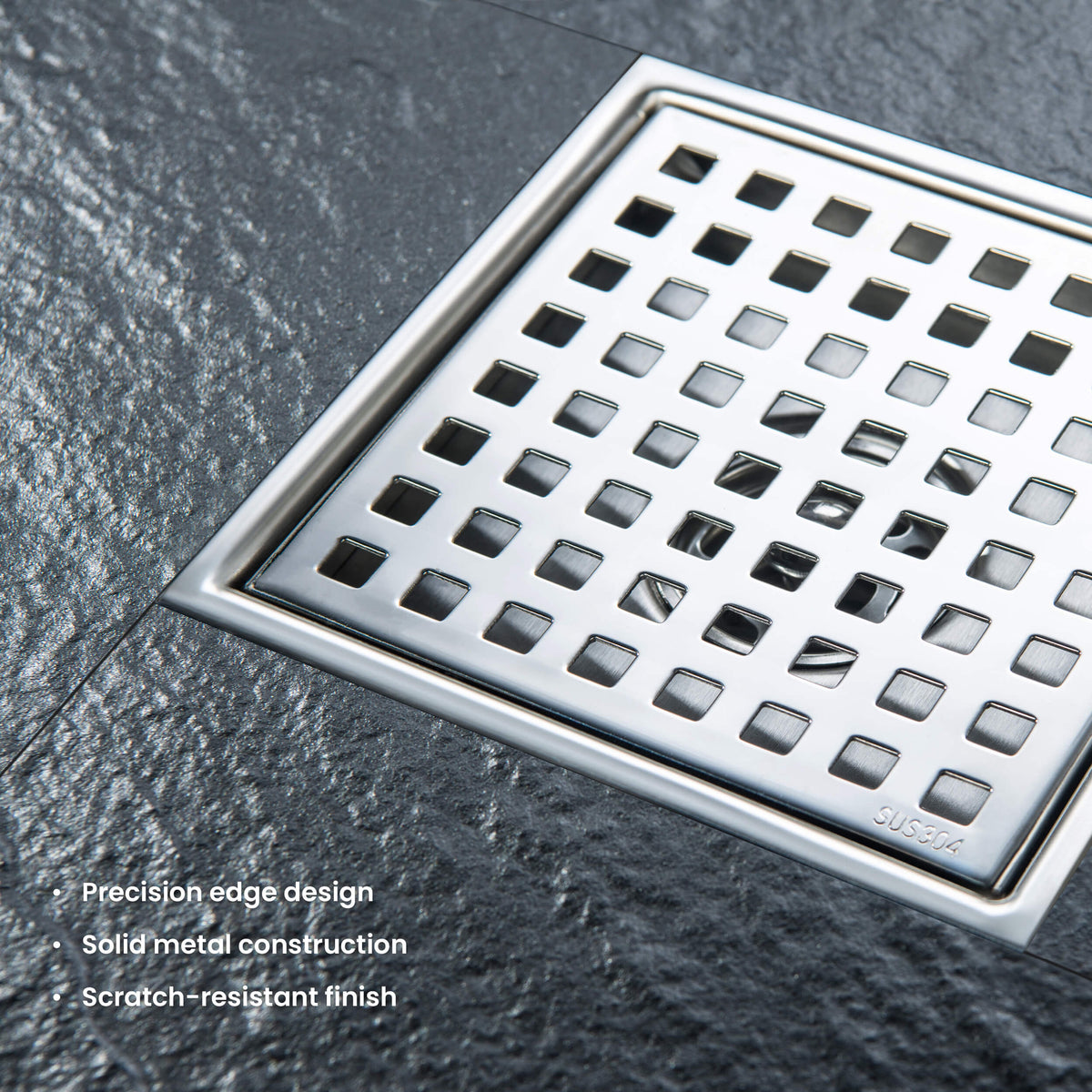 6 inch Square Shower Drain with Square Grid Grate - KFD0602