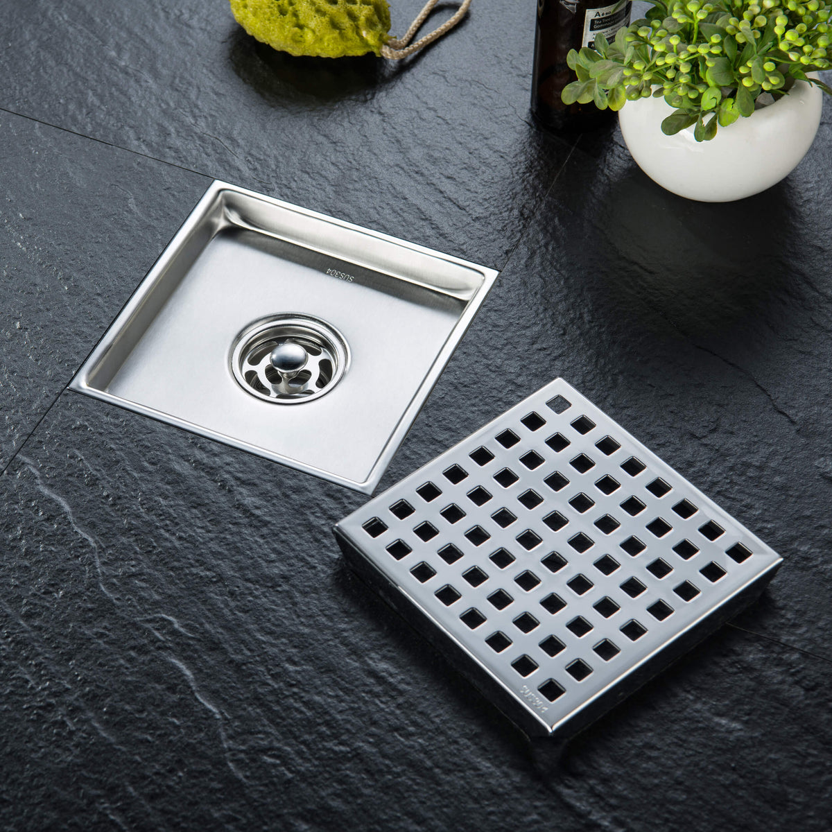 6 inch Square Shower Drain with Square Grid Grate - KFD0602