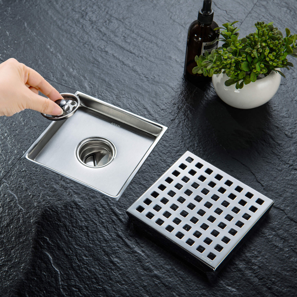 6 inch Square Shower Drain with Square Grid Grate - KFD0602