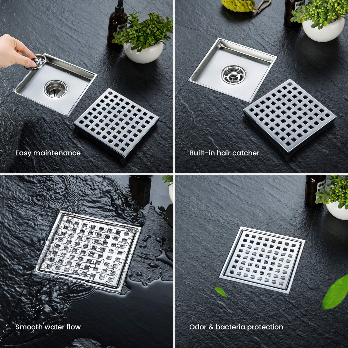 6 inch Square Shower Drain with Square Grid Grate - KFD0602