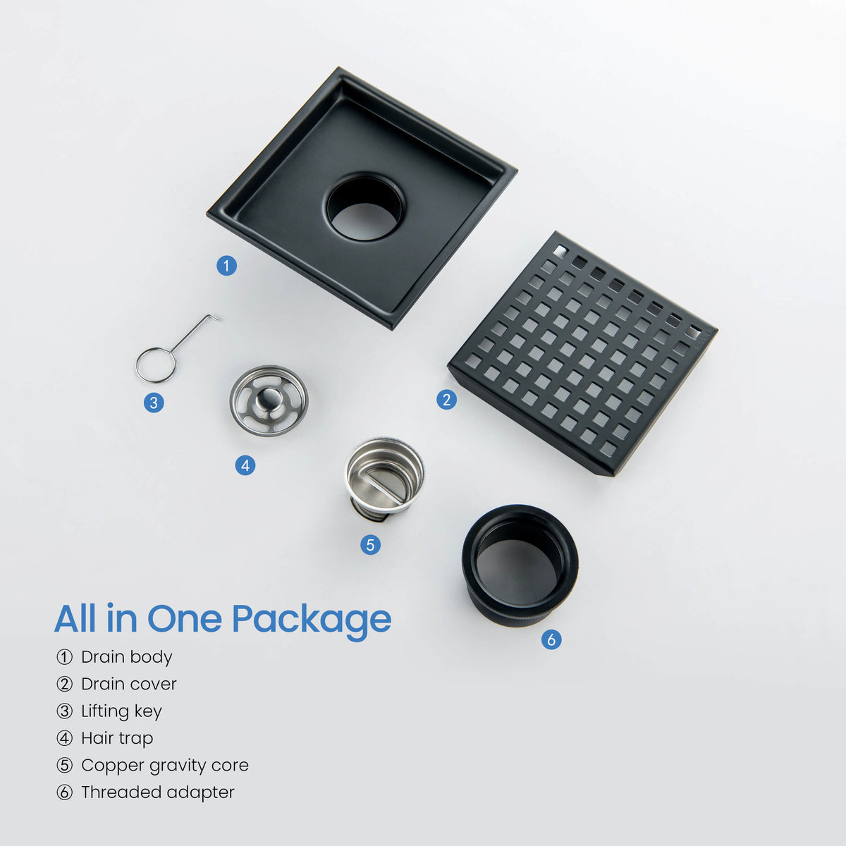 6 inch Square Shower Drain with Square Grid Grate - KFD0602