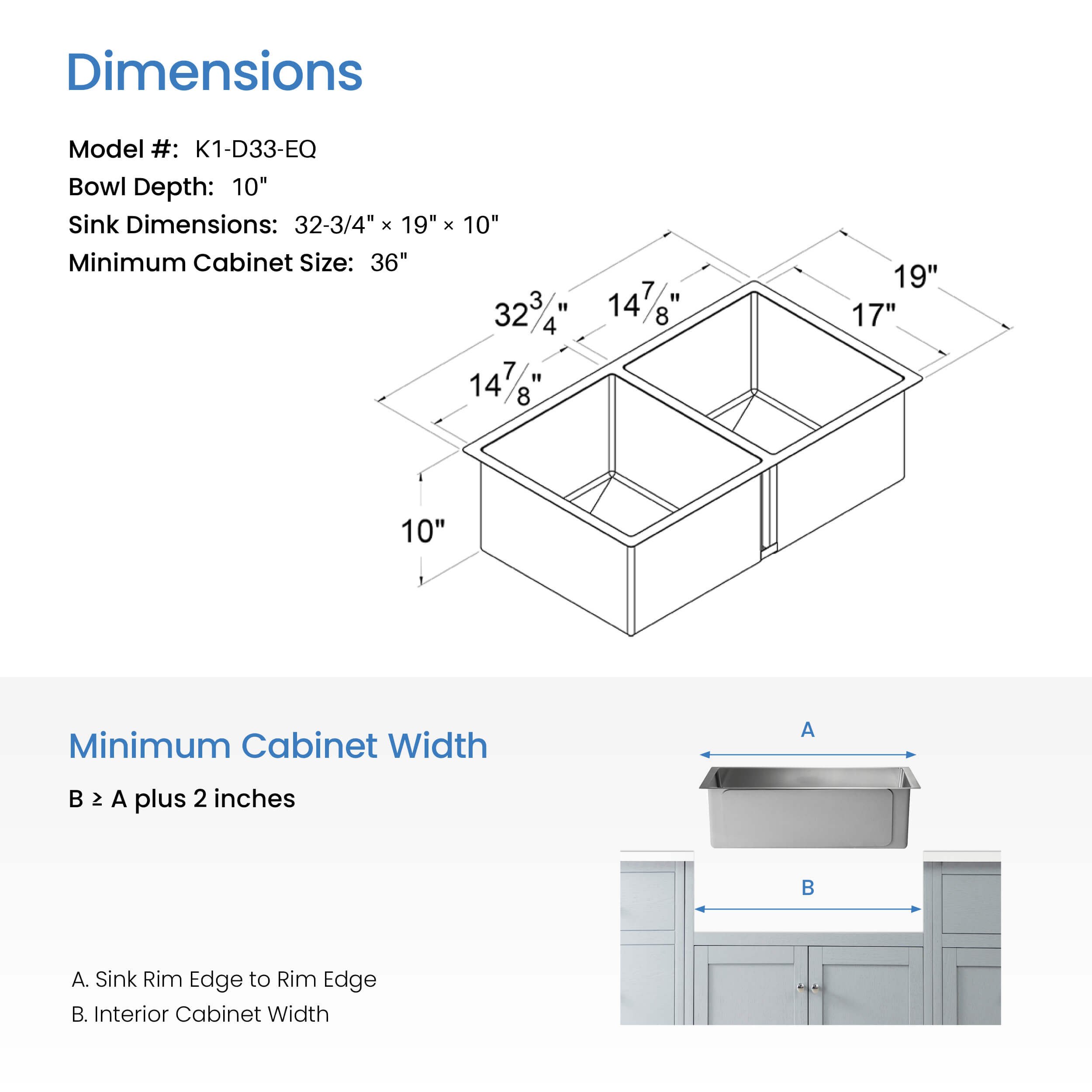 32 3/4″ Handcrafted Undermount Double Bowl Stainless Steel Kitchen Sink – K1-D33-EQ