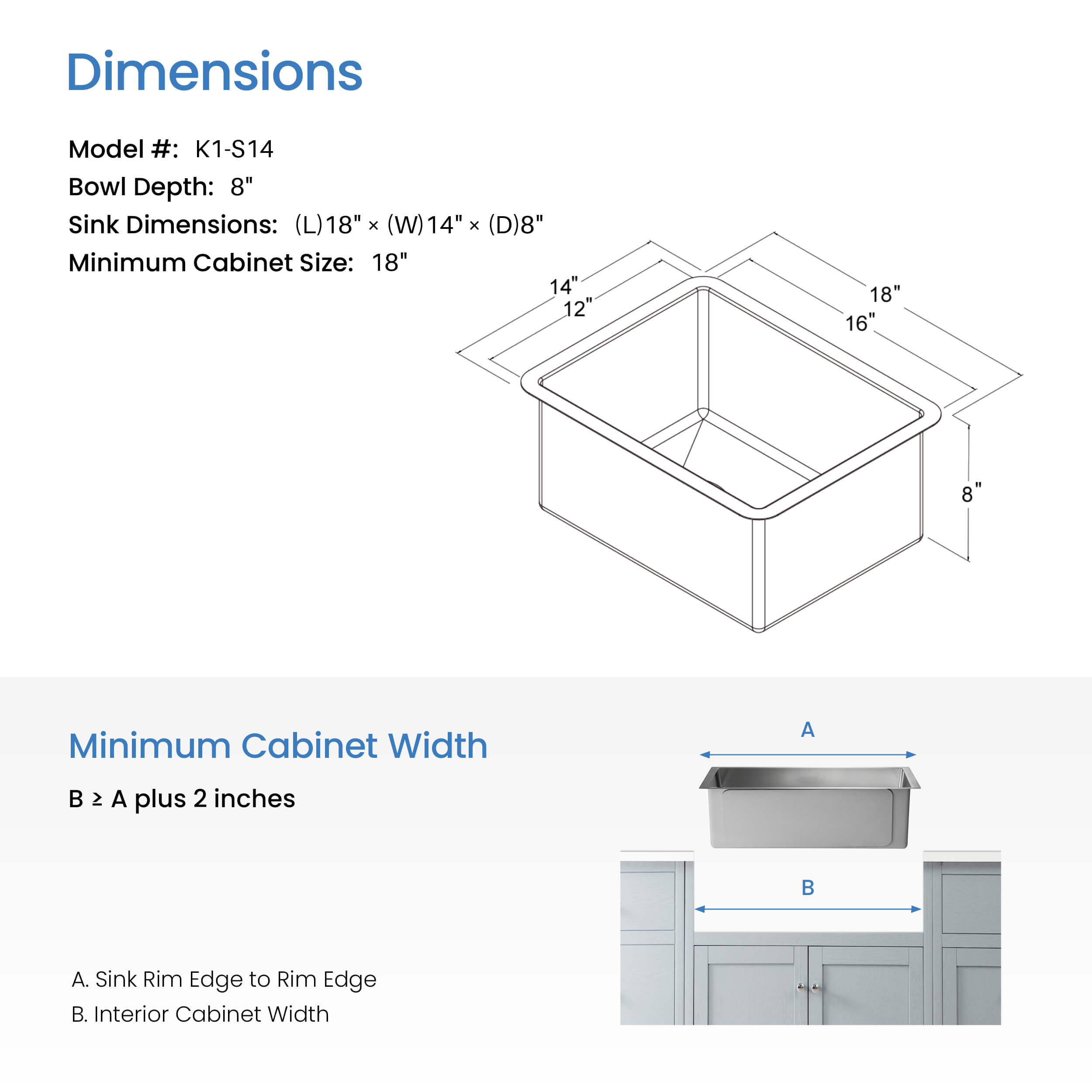 14″ Handcrafted Undermount Single Bowl 16 gauge Stainless Steel Kitchen Sink – K1-S14