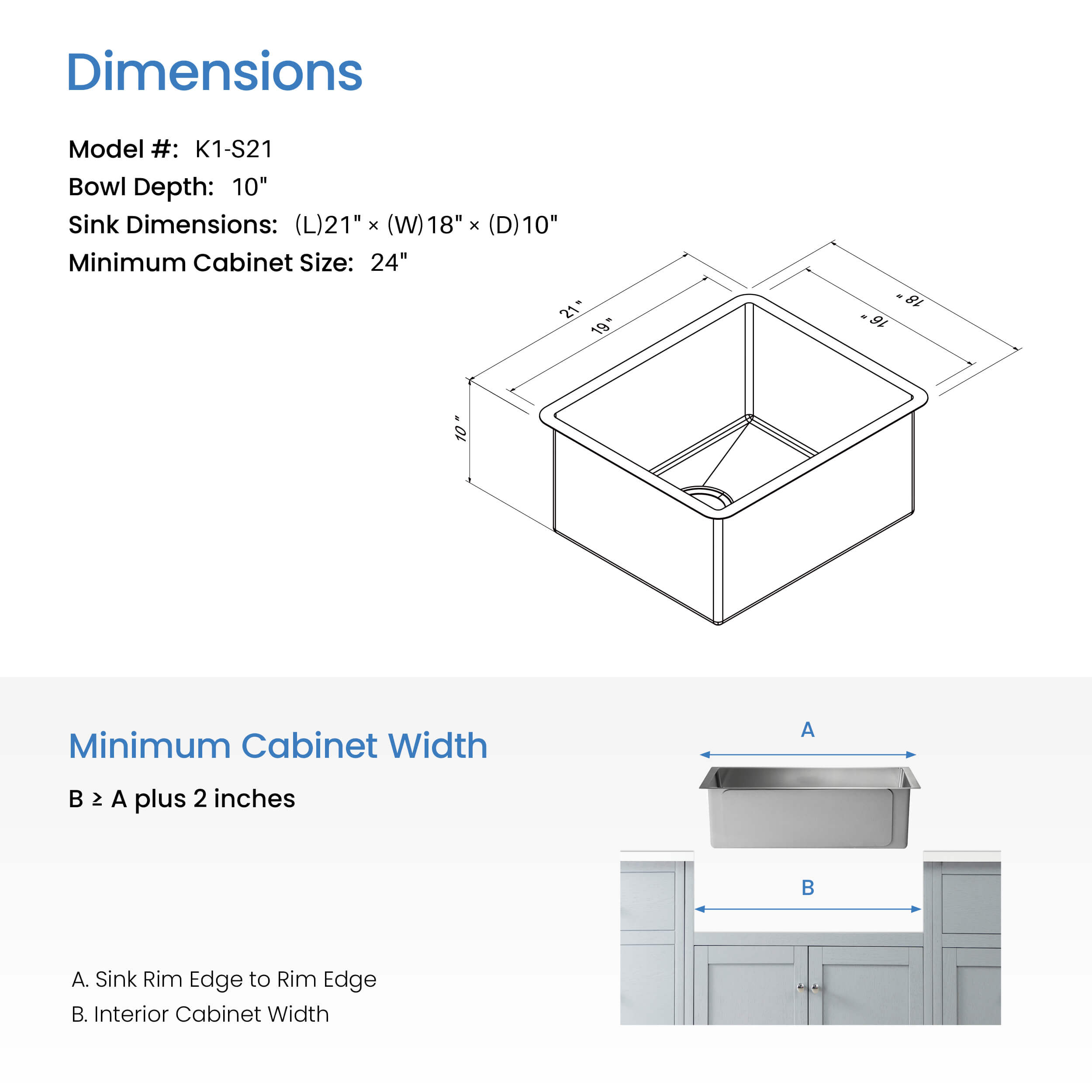 21″ Handcrafted Undermount Single Bowl 16 gauge Stainless Steel Kitchen Sink – K1-S21