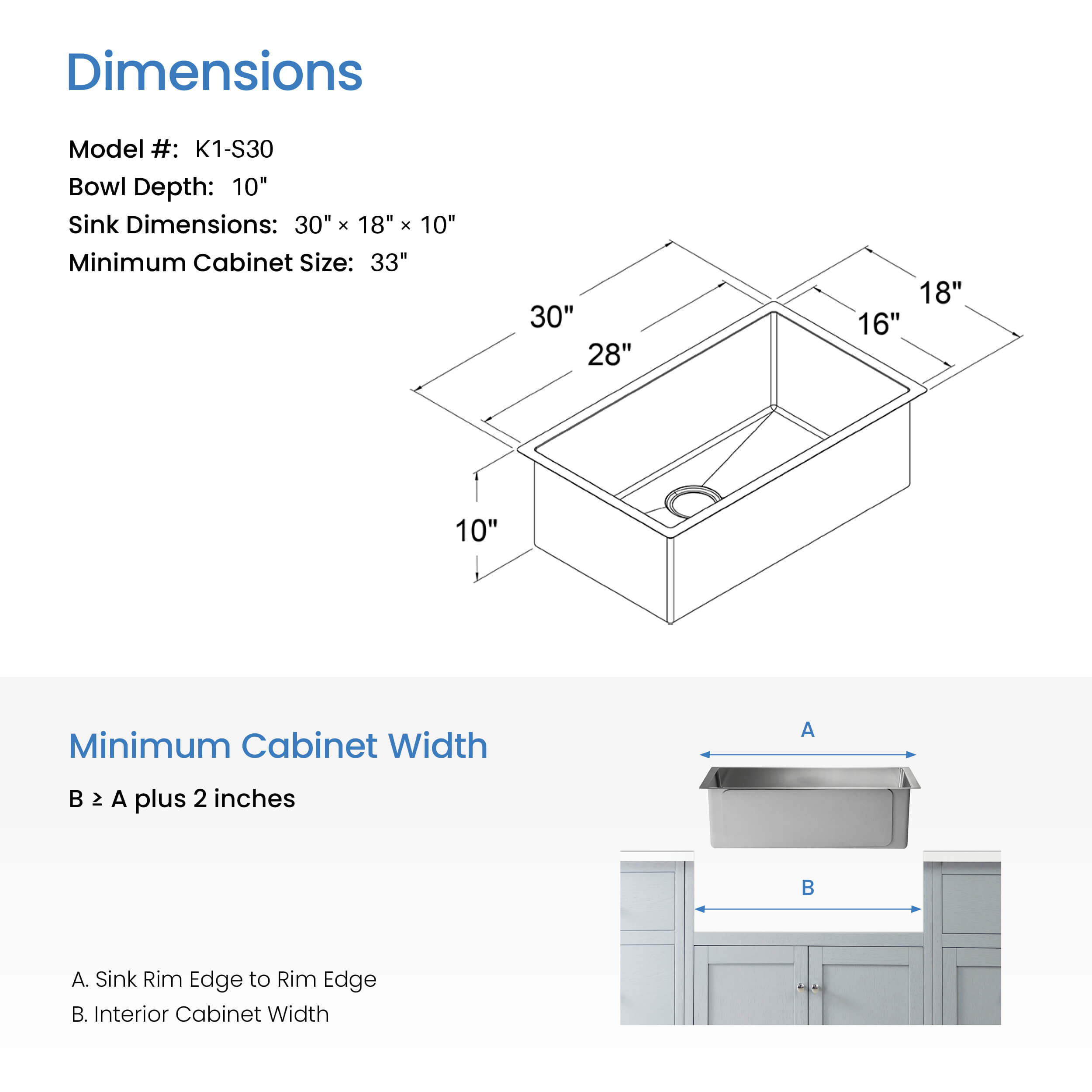 30″ Handcrafted Undermount Single Bowl 16 gauge Stainless Steel Kitchen Sink – K1-S30