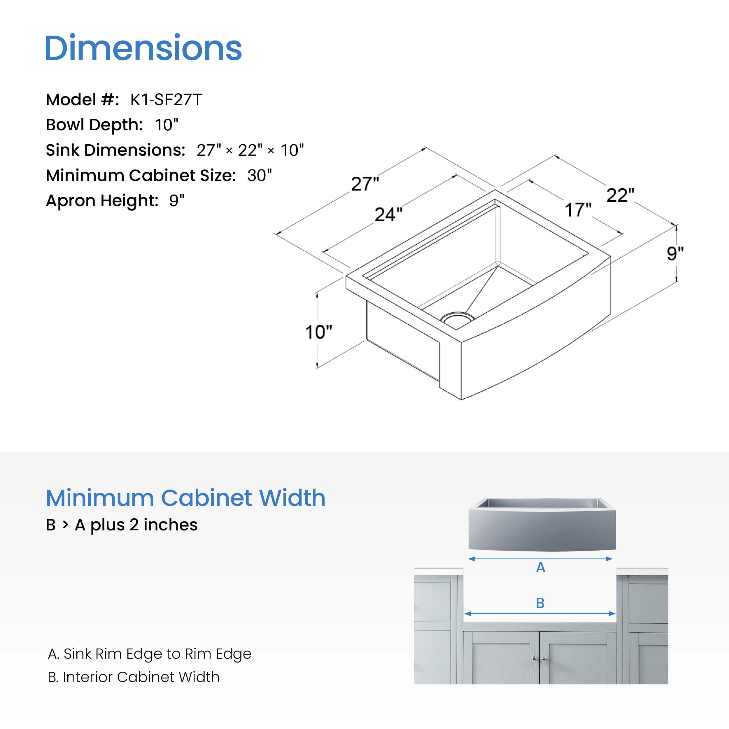 27″ Farmhouse Apron Single Bowl Stainless Steel Workstation Kitchen Sink – K1-SF27T