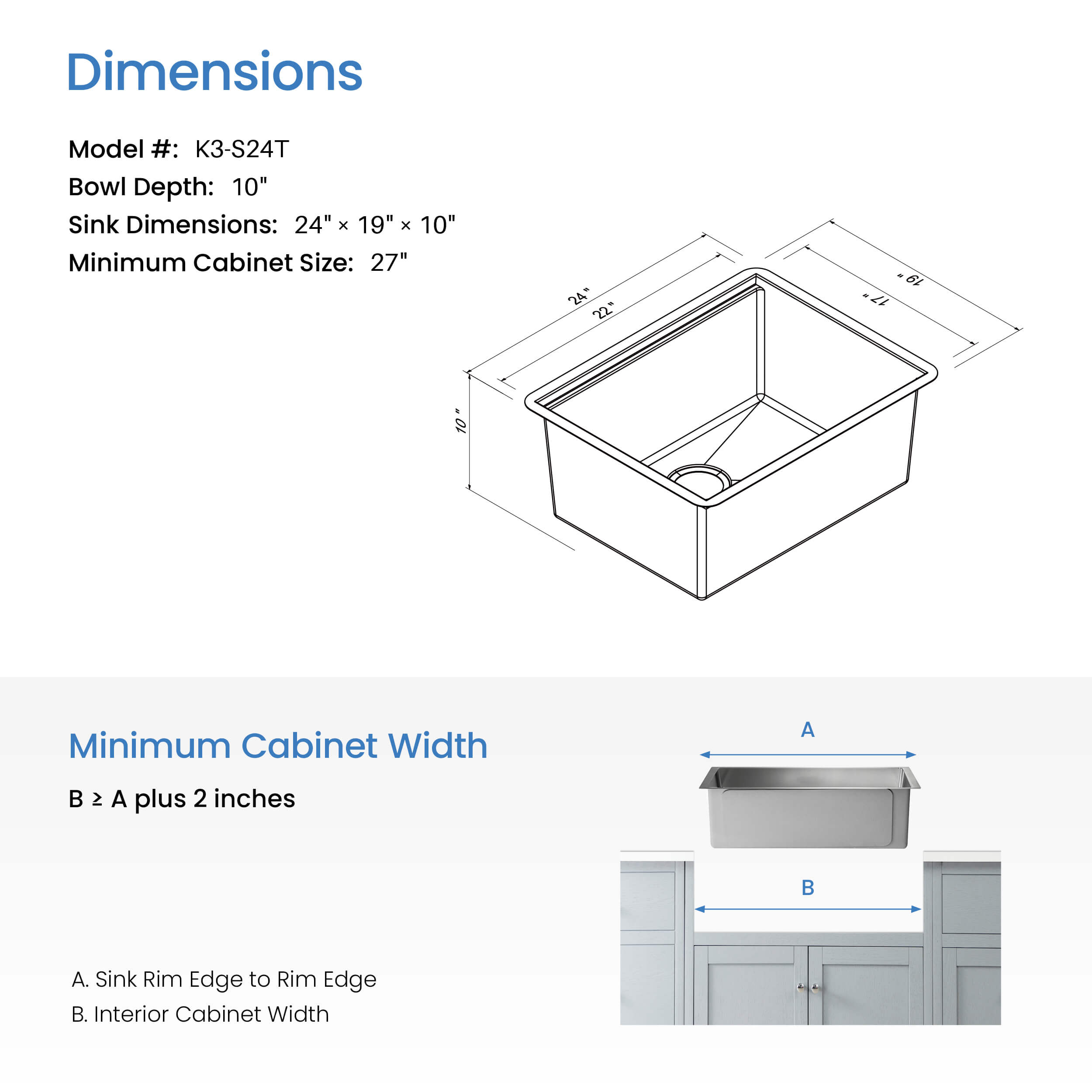 24″ Handcrafted 316 Marine Grade Stainless Steel 16 Gauge Single Bowl Workstation Undermount Kitchen Sink – K3-S24T