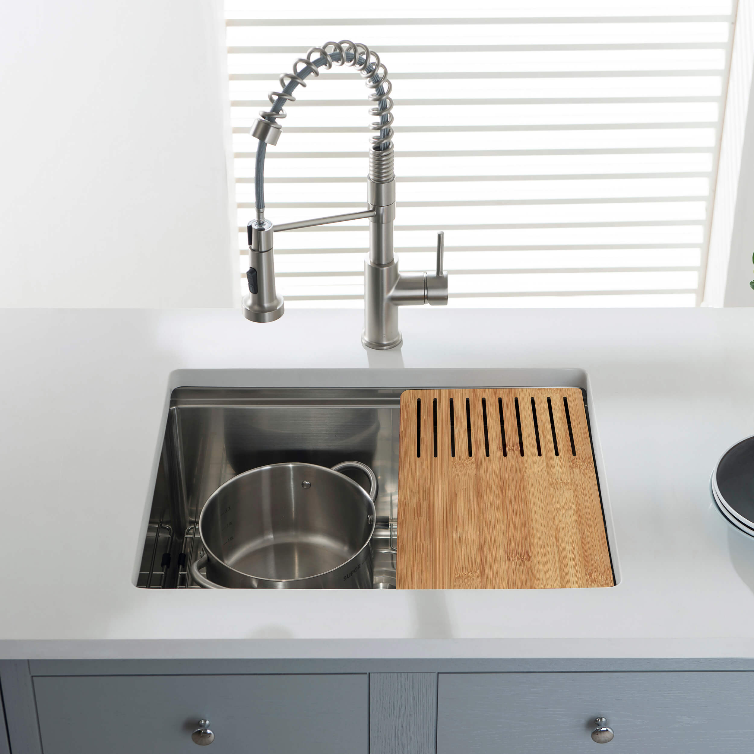 24″ Handcrafted 316 Marine Grade Stainless Steel 16 Gauge Single Bowl Workstation Undermount Kitchen Sink – K3-S24T