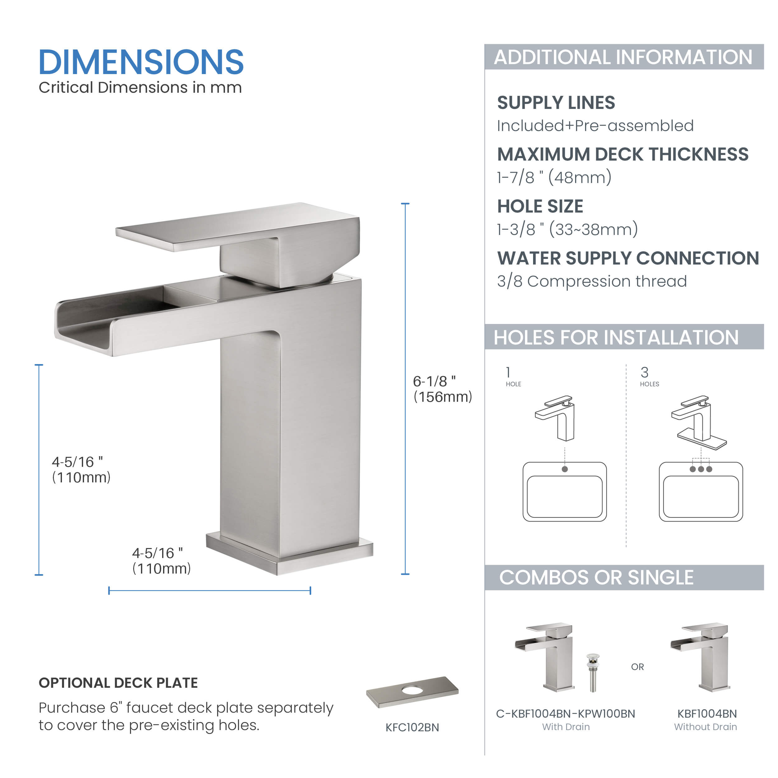 Waterfall Single Handle Bathroom Vanity Sink Faucet with Drain Assembly - C-KBF1004-KPW100
