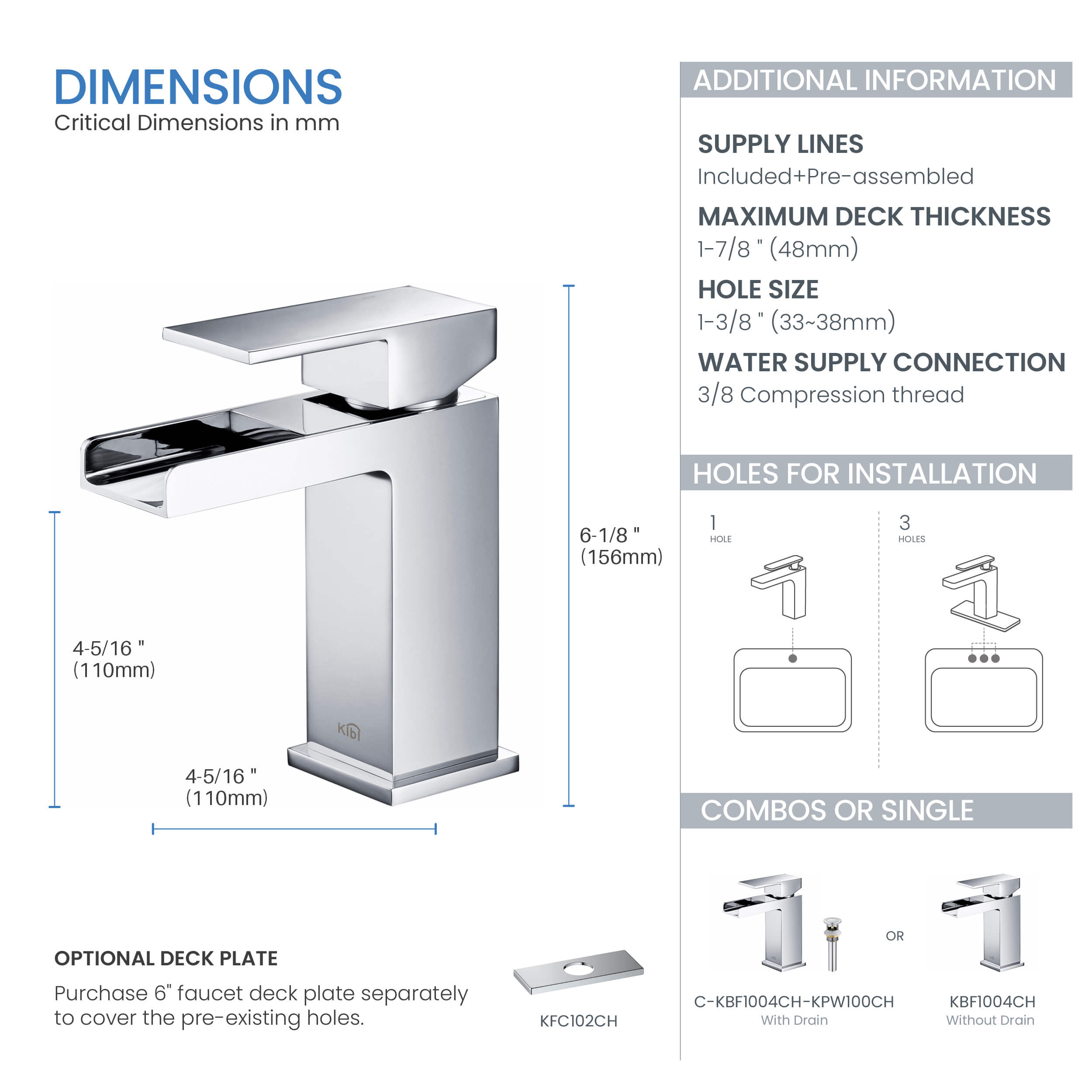 Waterfall Single Handle Bathroom Vanity Sink Faucet with Drain Assembly - C-KBF1004-KPW100
