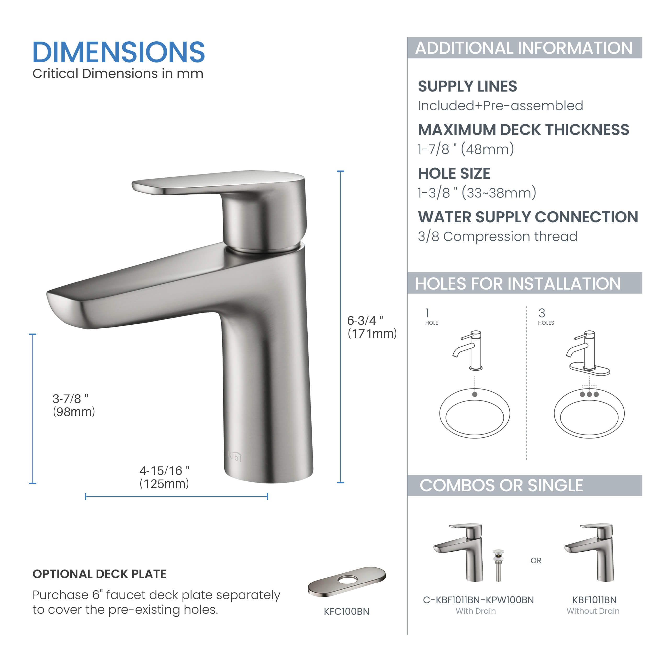 Harmony Single Handle Bathroom Vanity Sink Faucet with Pop Up Drain C-KBF1011-KPW100
