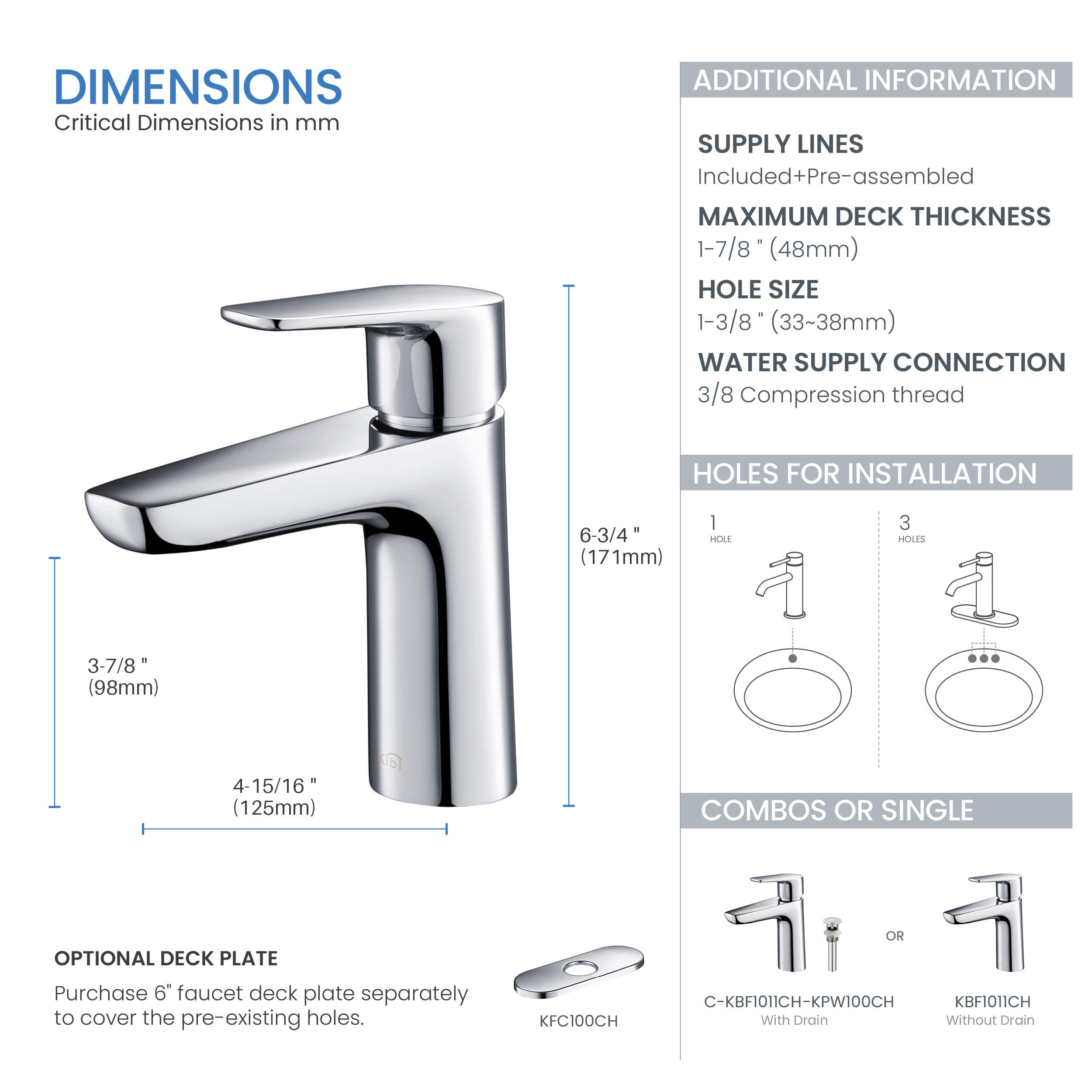 Harmony Single Handle Bathroom Vanity Sink Faucet with Pop Up Drain C-KBF1011-KPW100