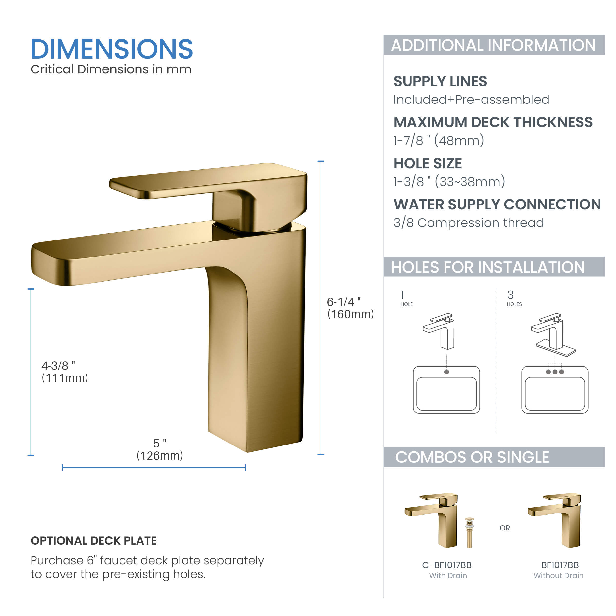 Blaze Single Handle Bathroom Vanity Sink Faucet with Pop Up Drain C-KBF1017-KPW100