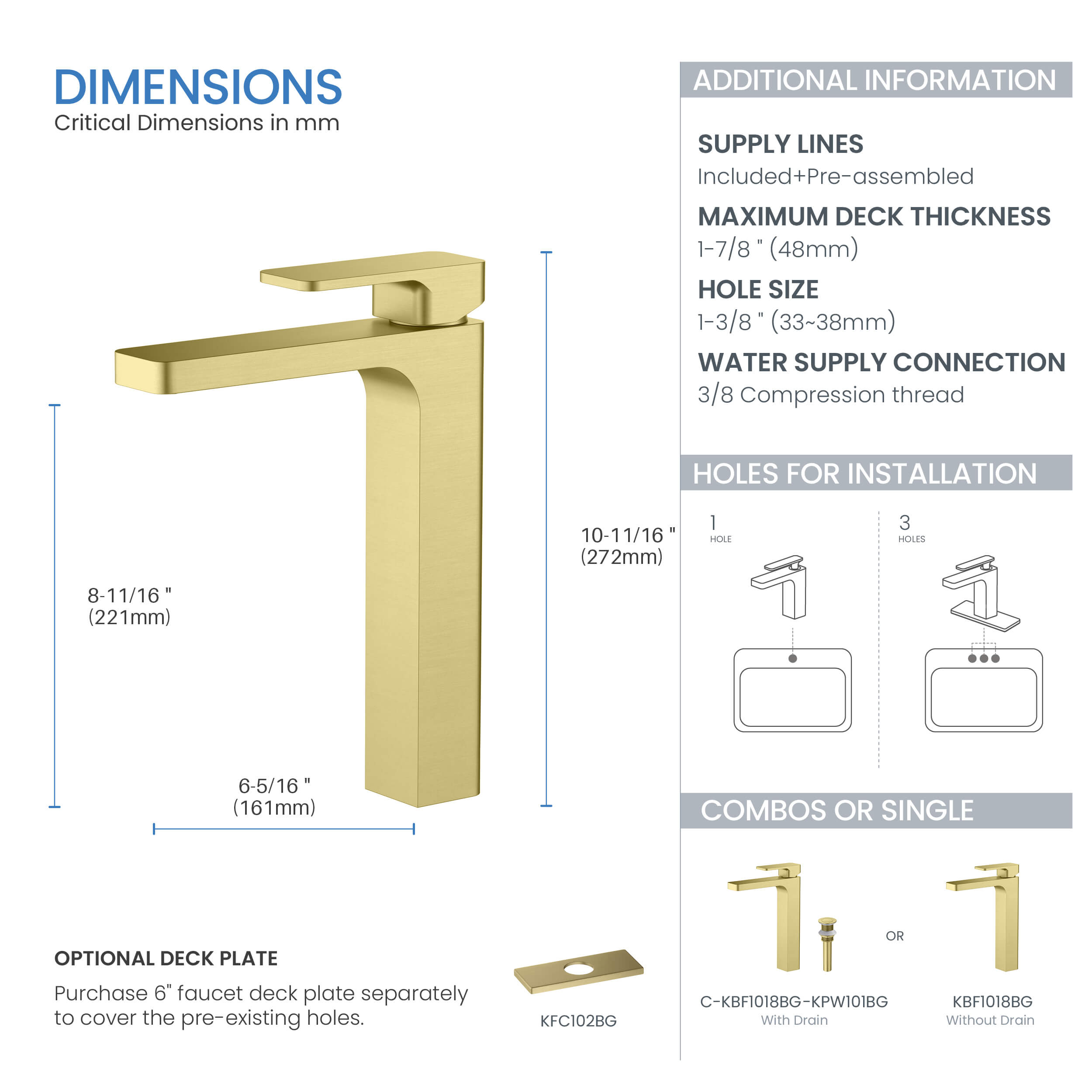 Blaze-T Single Handle Bathroom Vessel Sink Faucet with Pop Up Drain C-KBF1018-KPW101