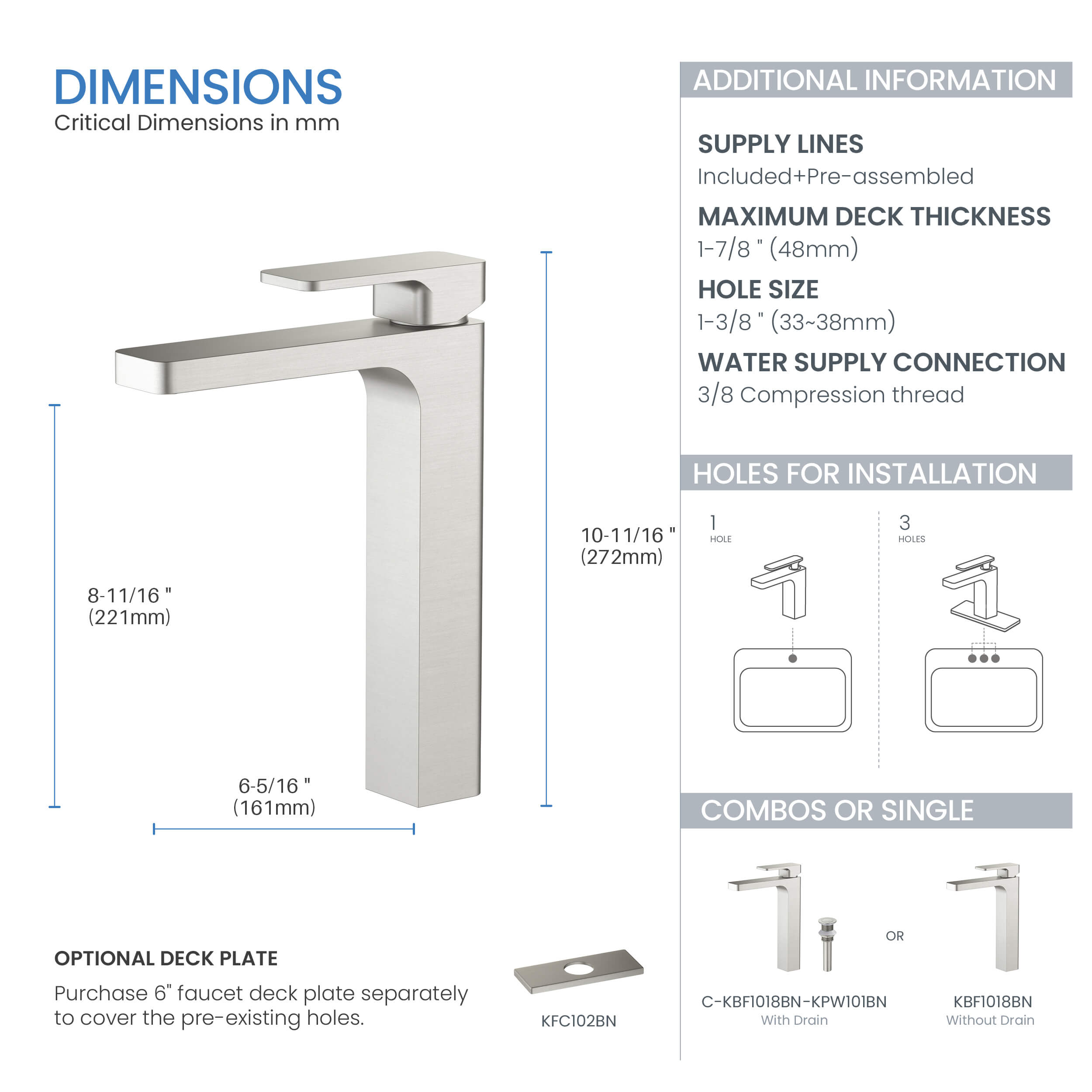 Blaze-T Single Handle Bathroom Vessel Sink Faucet with Pop Up Drain C-KBF1018-KPW101