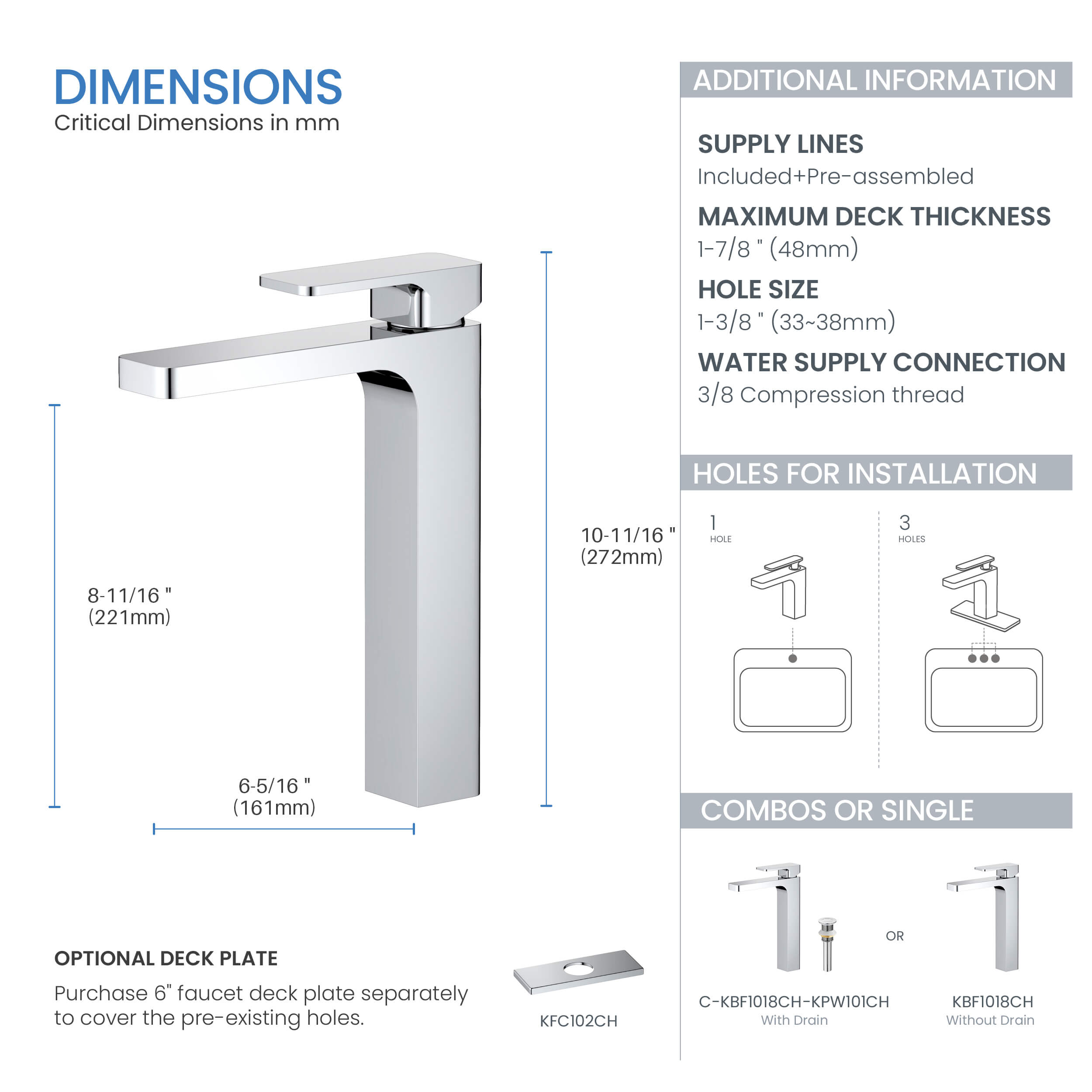 Blaze-T Single Handle Bathroom Vessel Sink Faucet with Pop Up Drain C-KBF1018-KPW101