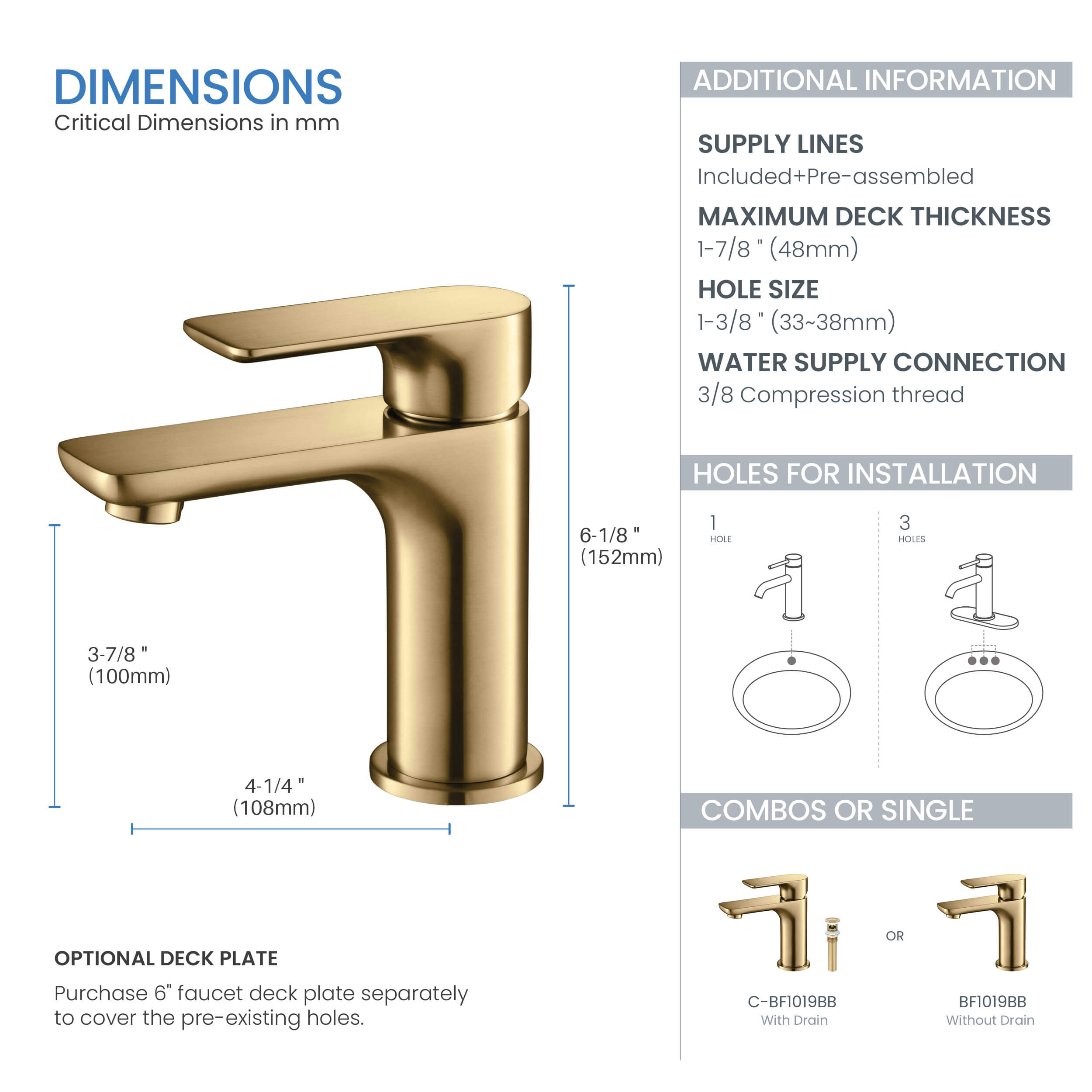 Tender Single Handle Bathroom Vanity Sink Faucet with Pop Up Drain C-KBF1019-KPW100