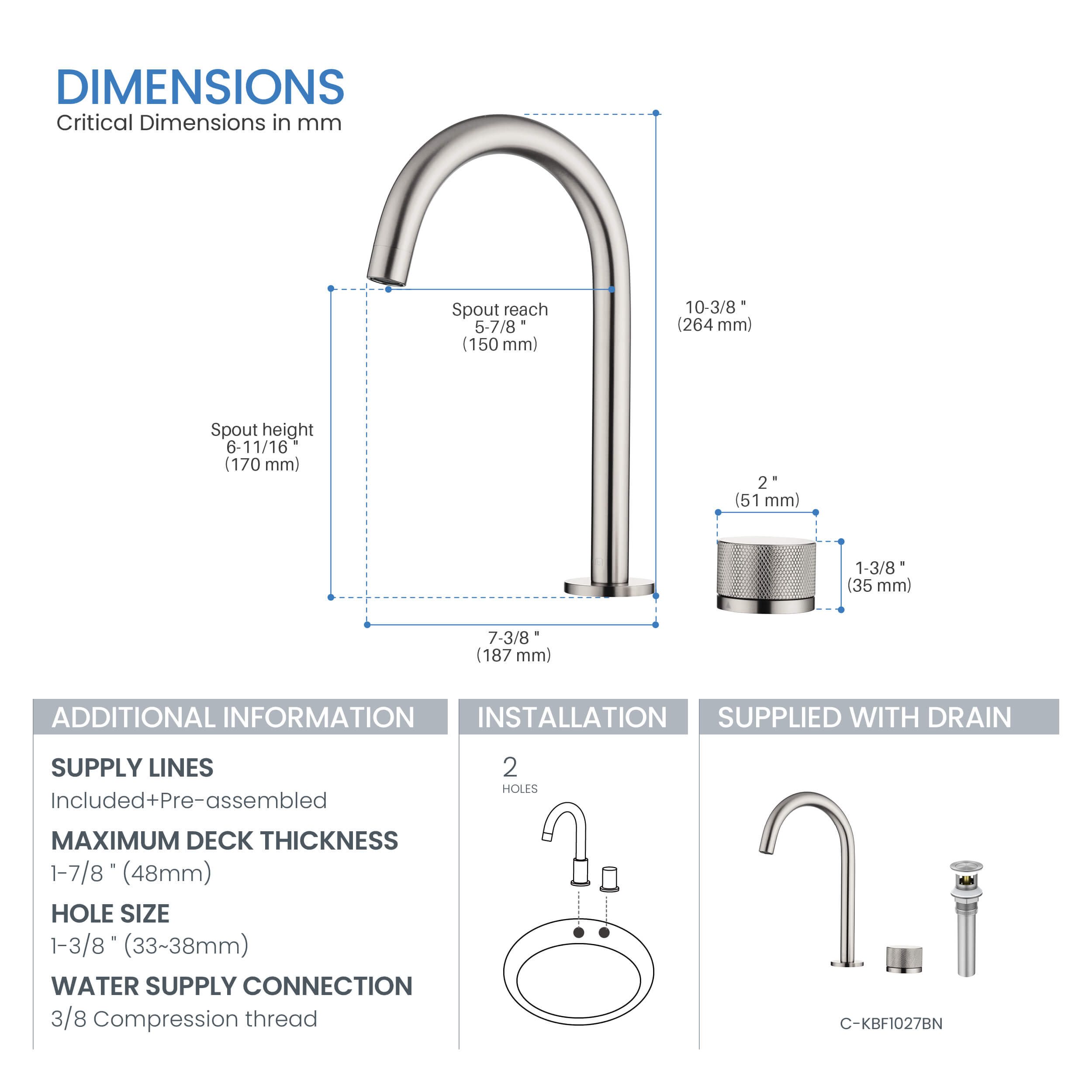 Circular X One Handle Two Holes Bathroom Vanity Sink Faucet with Drain Assembly - C-KBF1027